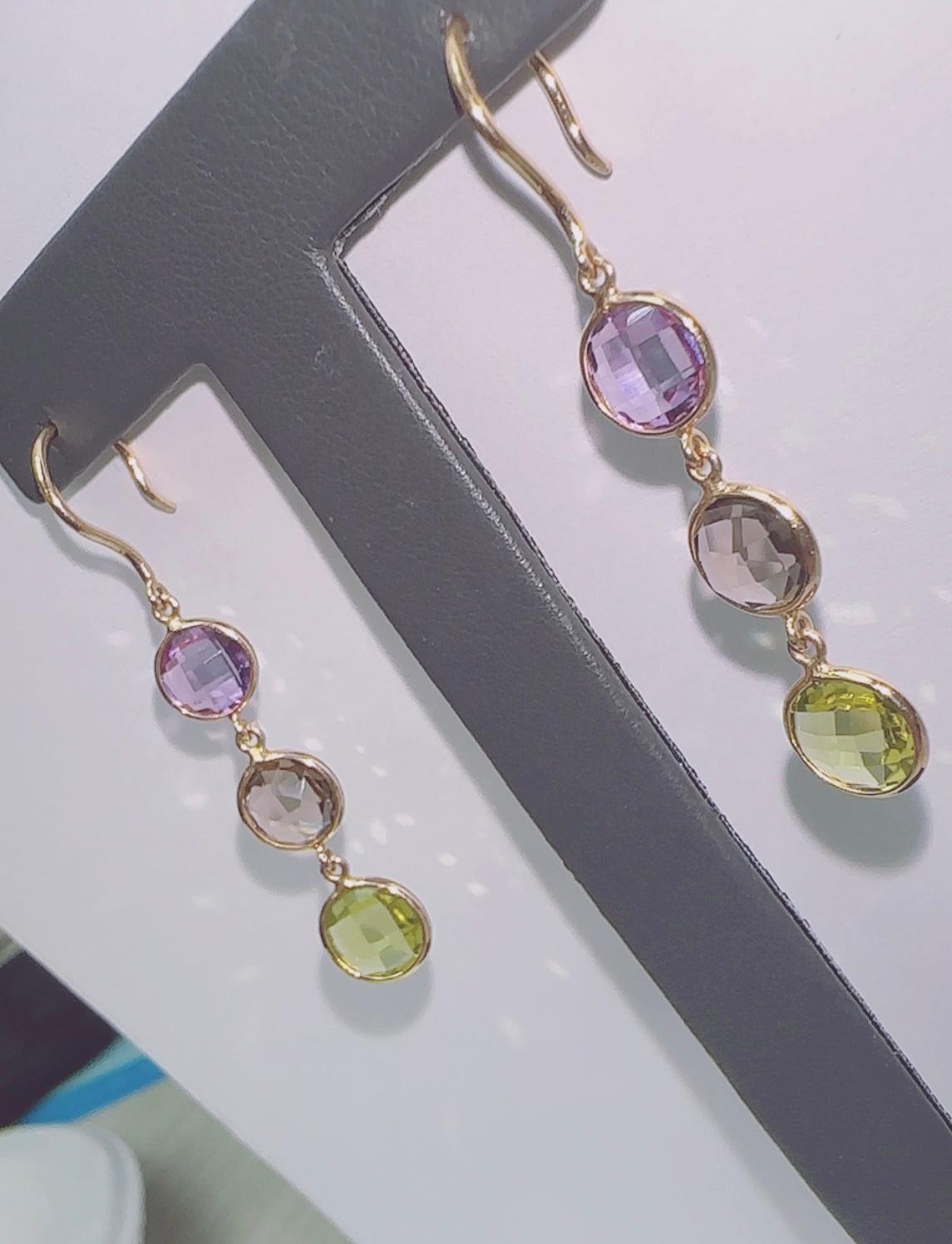 14K Gold Earrings with Amethyst Smokey Topaz and Peridot In New Condition For Sale In Miami, FL