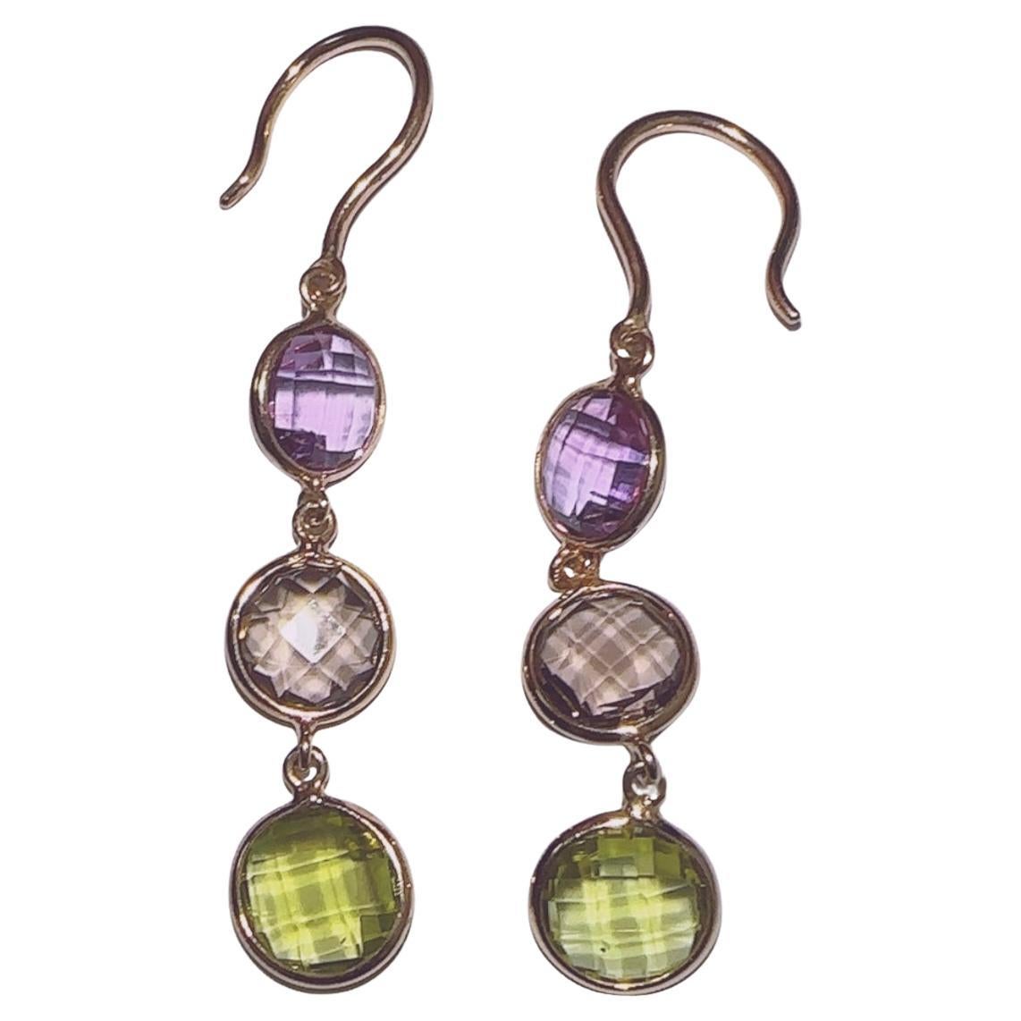 14K Gold Earrings with Amethyst Smokey Topaz and Peridot