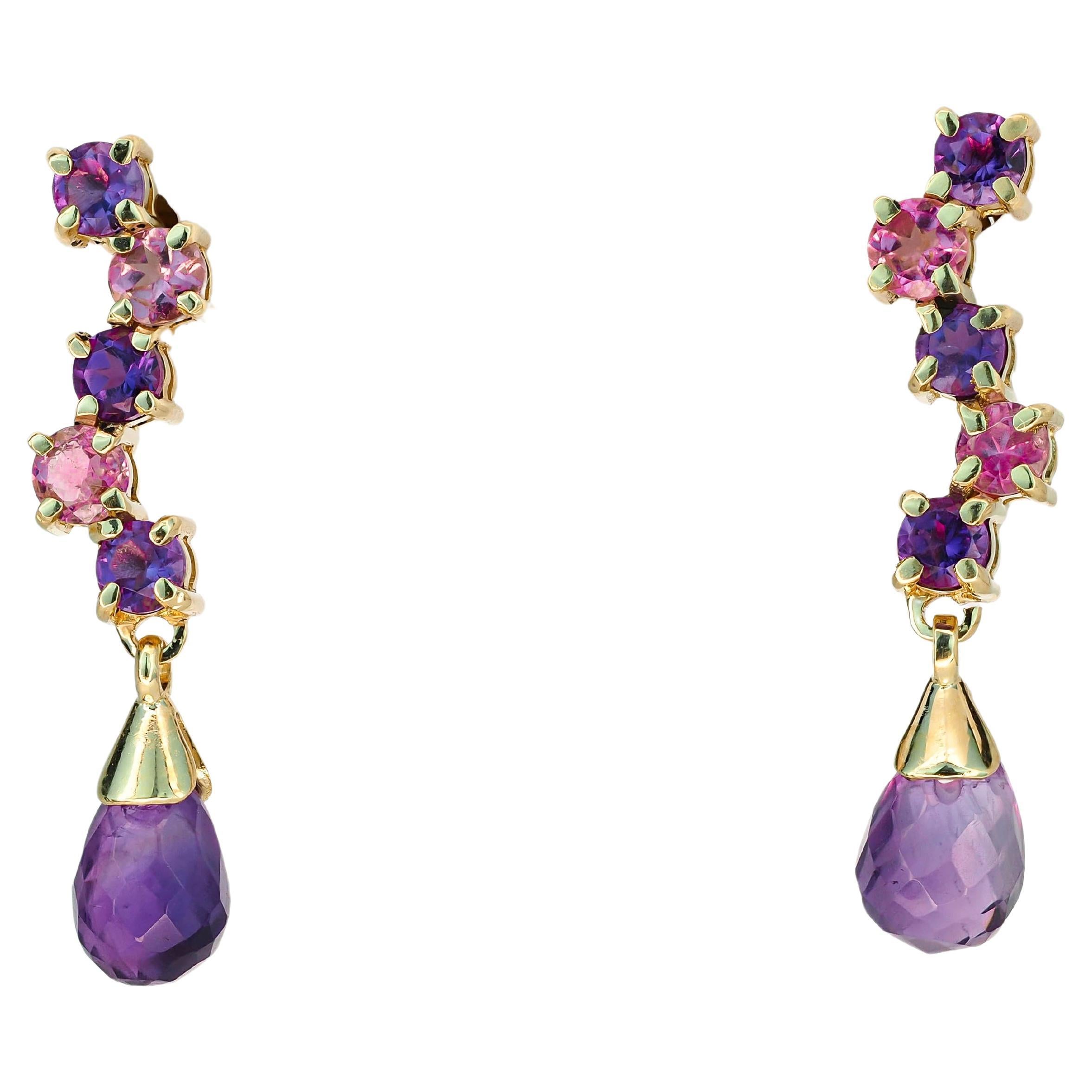 14k gold earrings with amethysts and sapphires