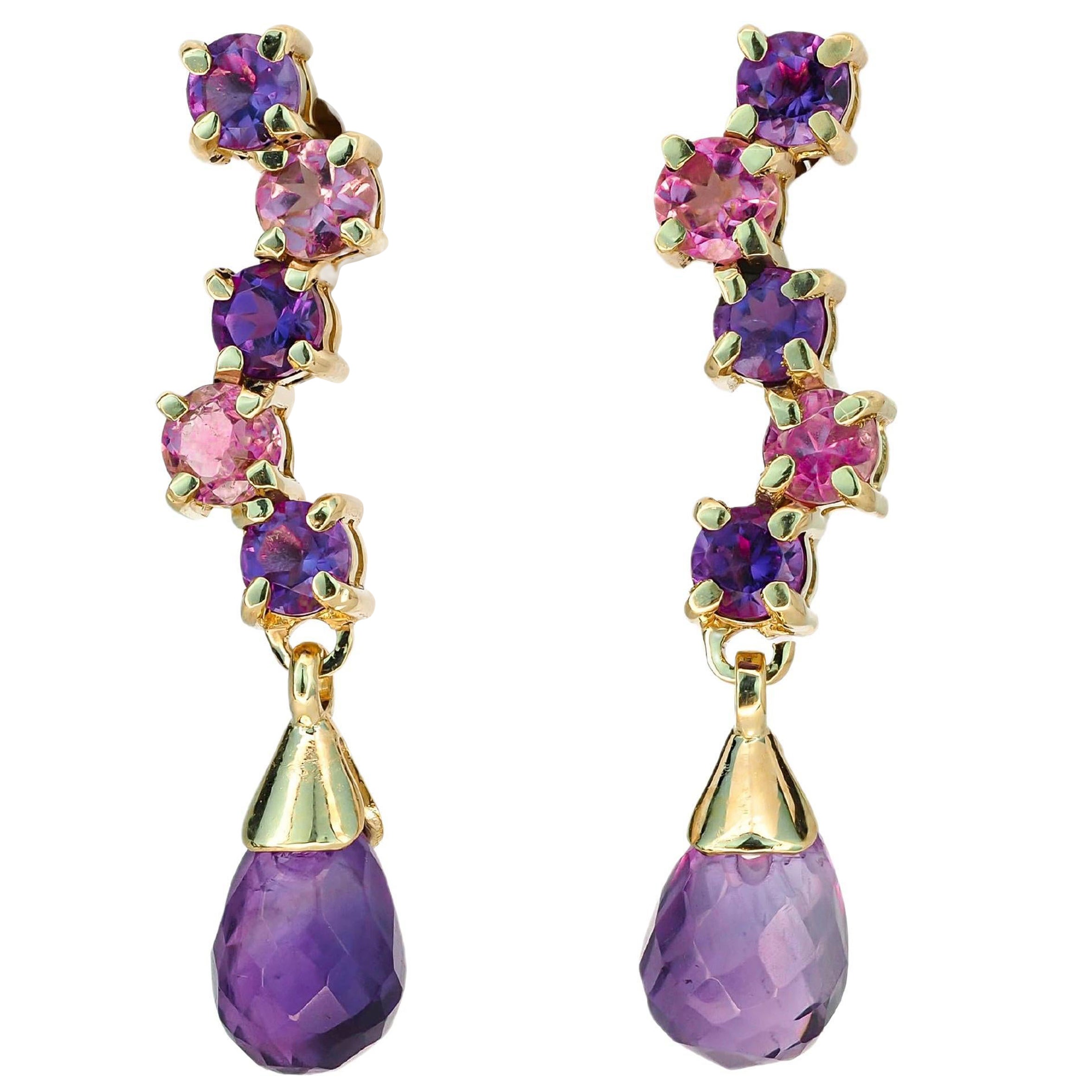 14k gold earrings with amethysts and sapphires