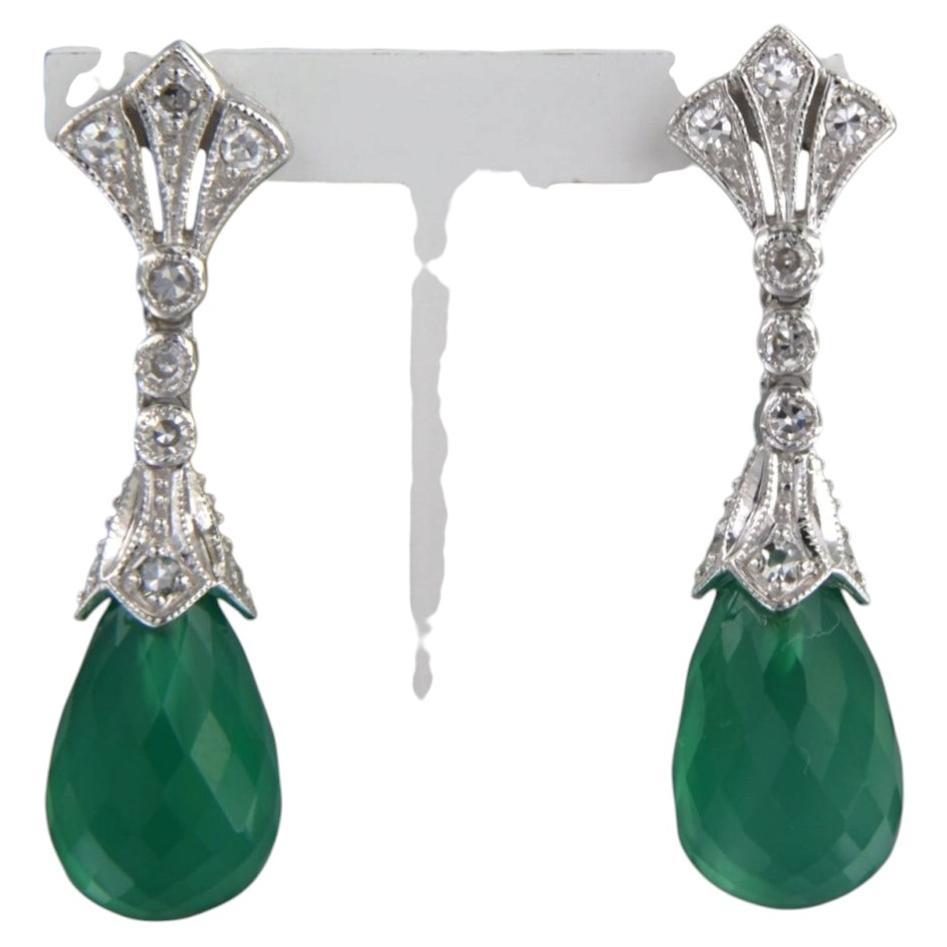 14k gold earrings with chalcedony and single cut diamond total 0.34ct 5.5 grams For Sale