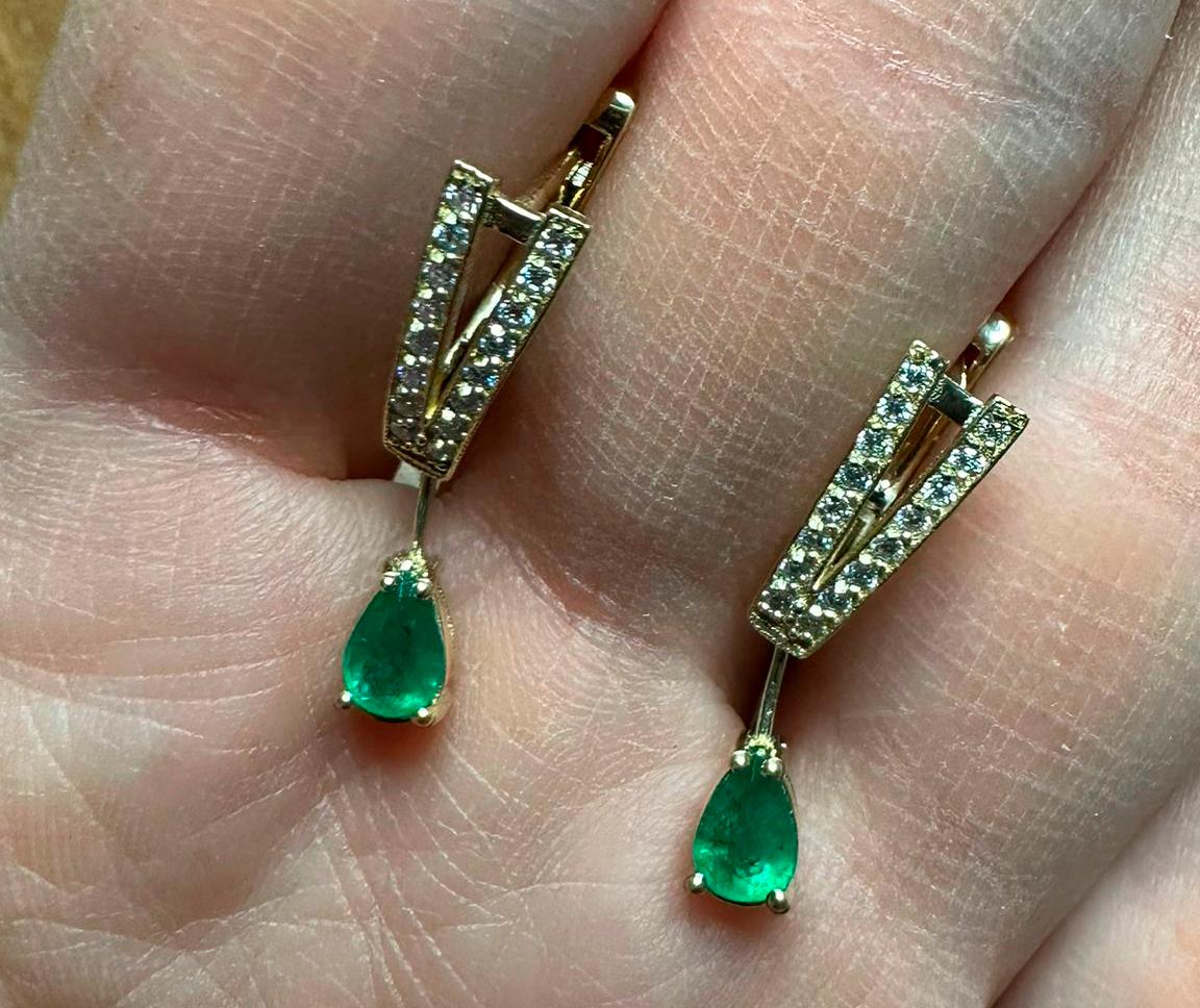 14k Gold Earrings with Pear Emeralds and Diamonds For Sale 3