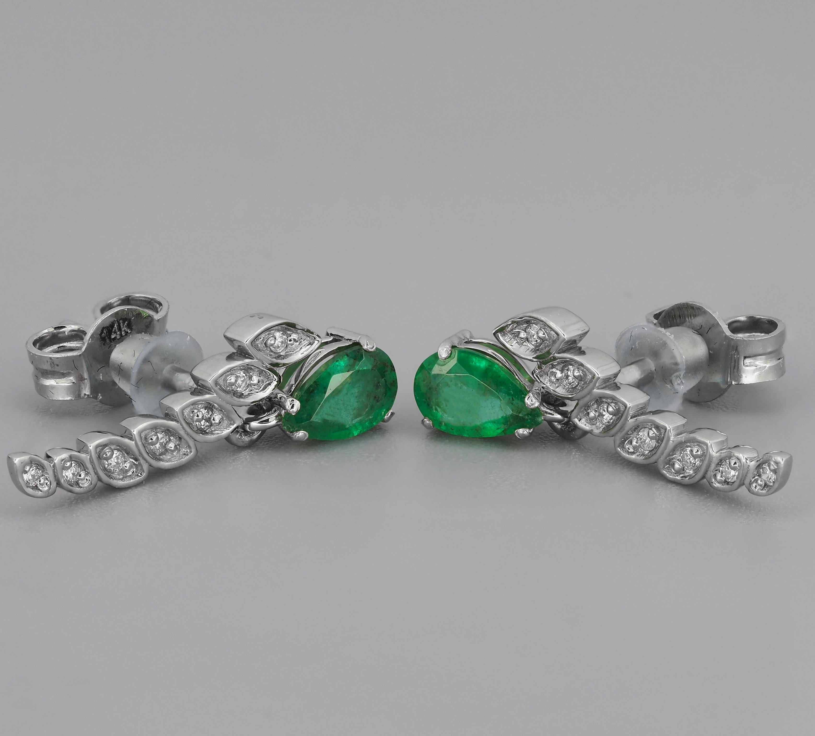 14k Gold Earrings with Pear Emeralds and Diamonds 7