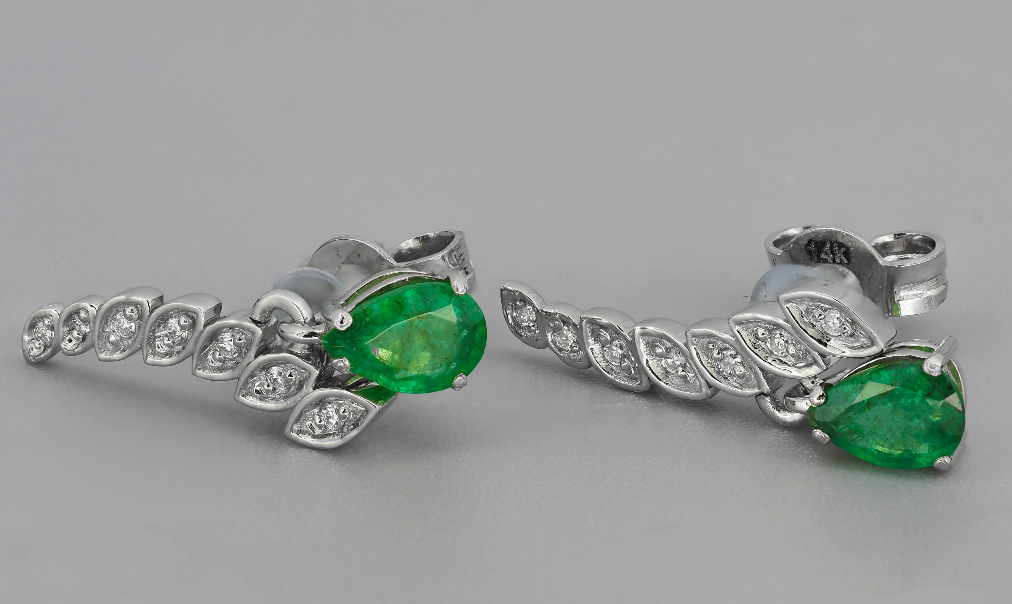 14k Gold Earrings with Pear Emeralds and Diamonds 8