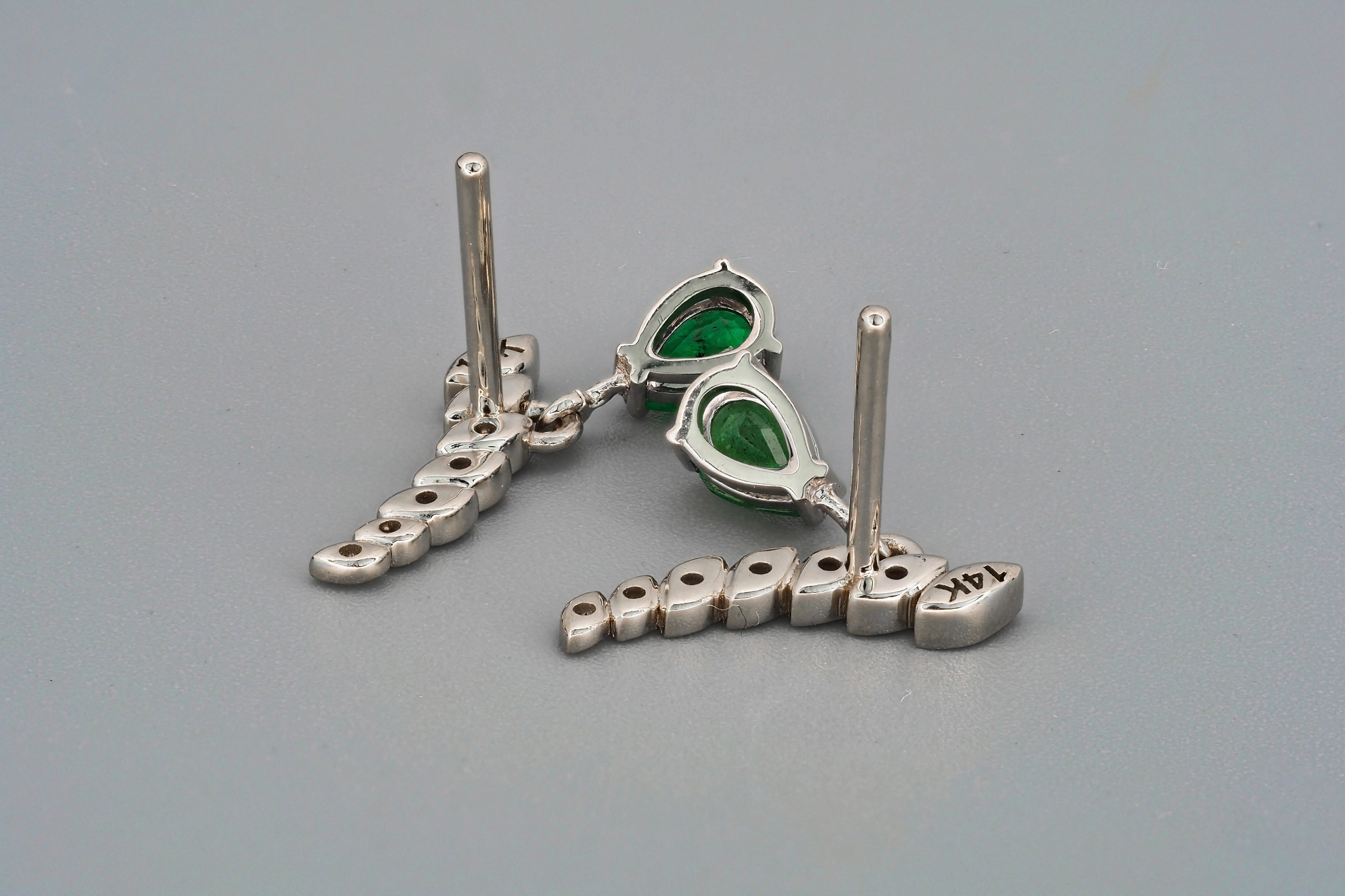 14k Gold Earrings with Pear Emeralds and Diamonds 11