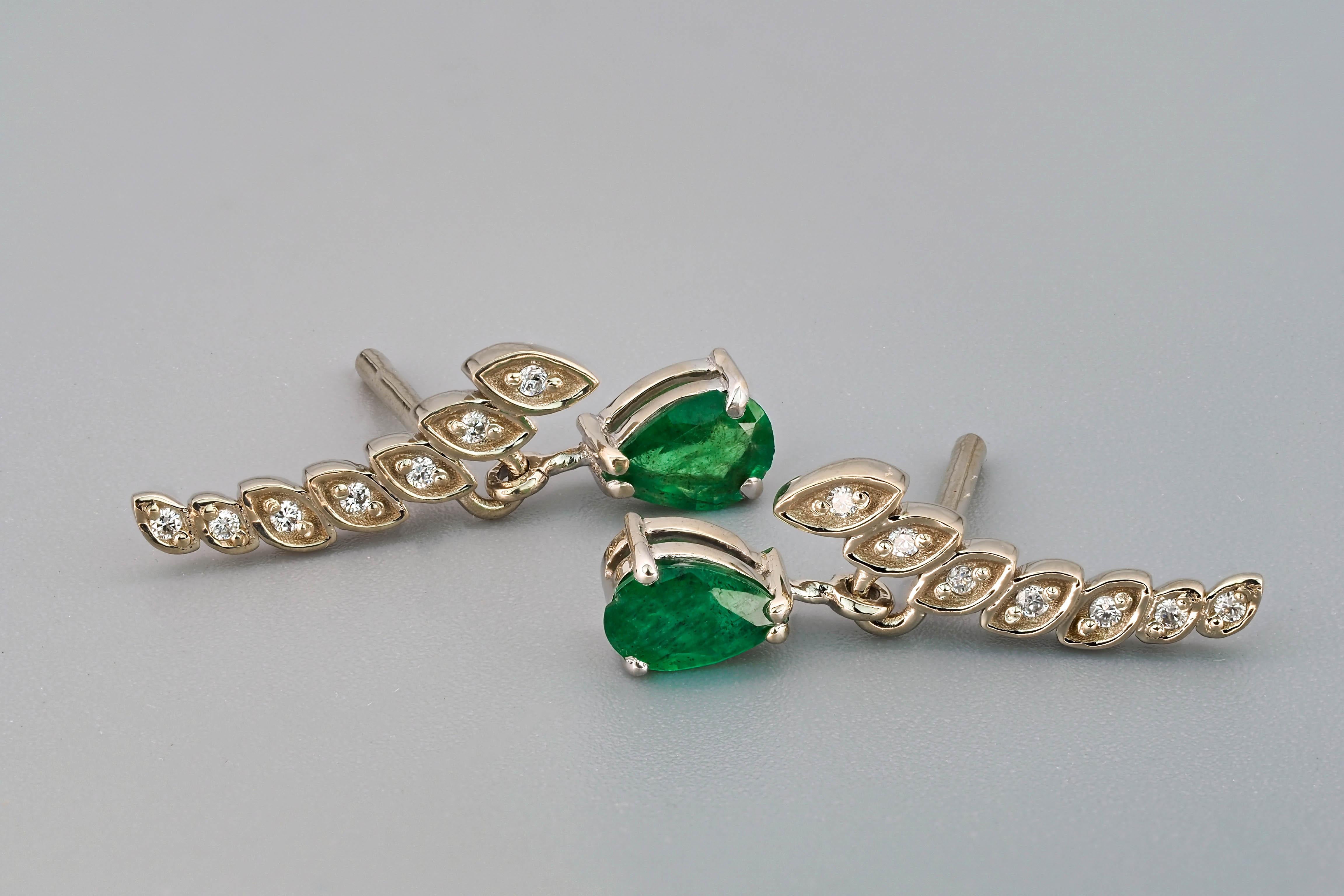 14k Gold Earrings with Pear Emeralds and Diamonds 12