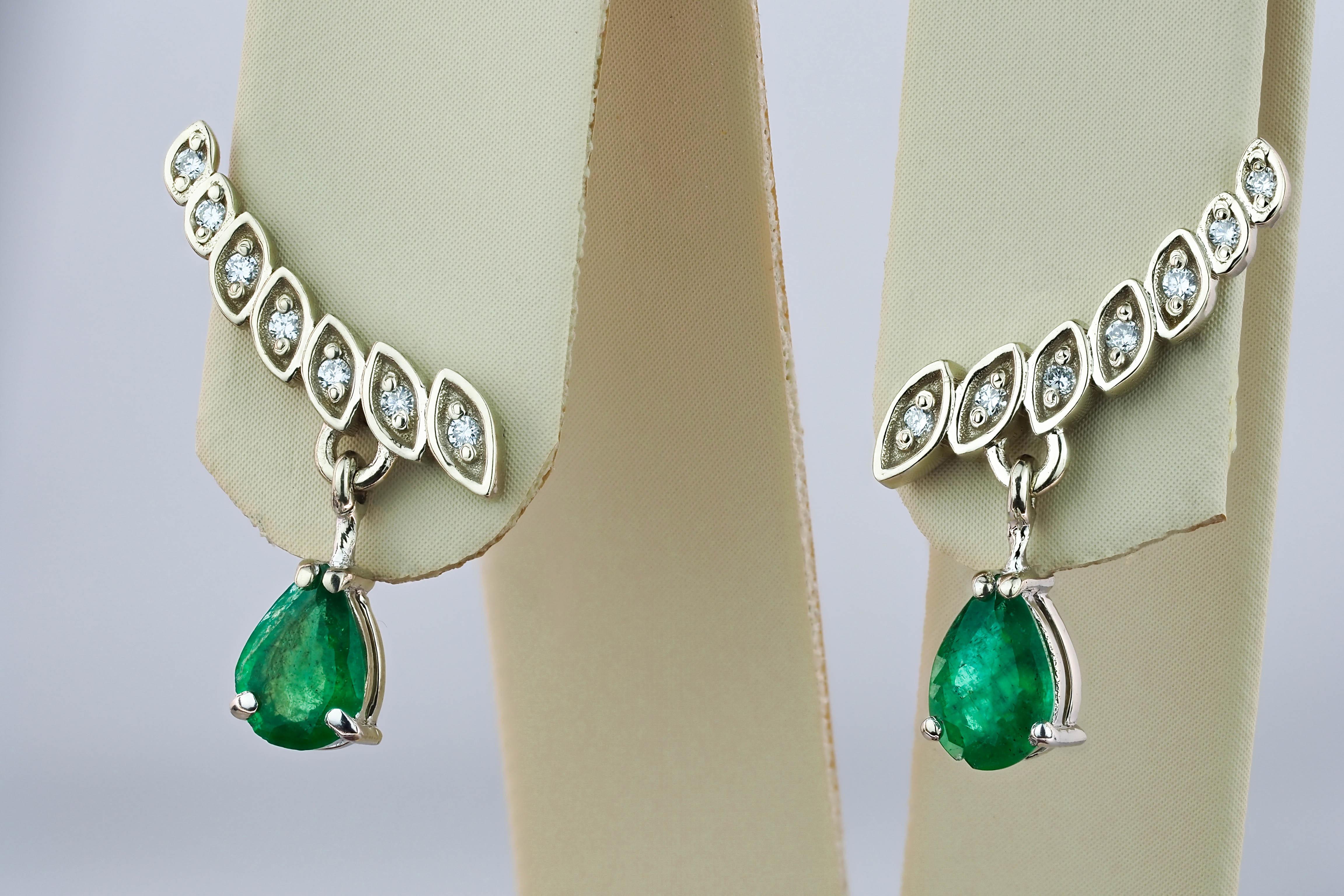 14k Gold Earrings with Pear Emeralds and Diamonds 13