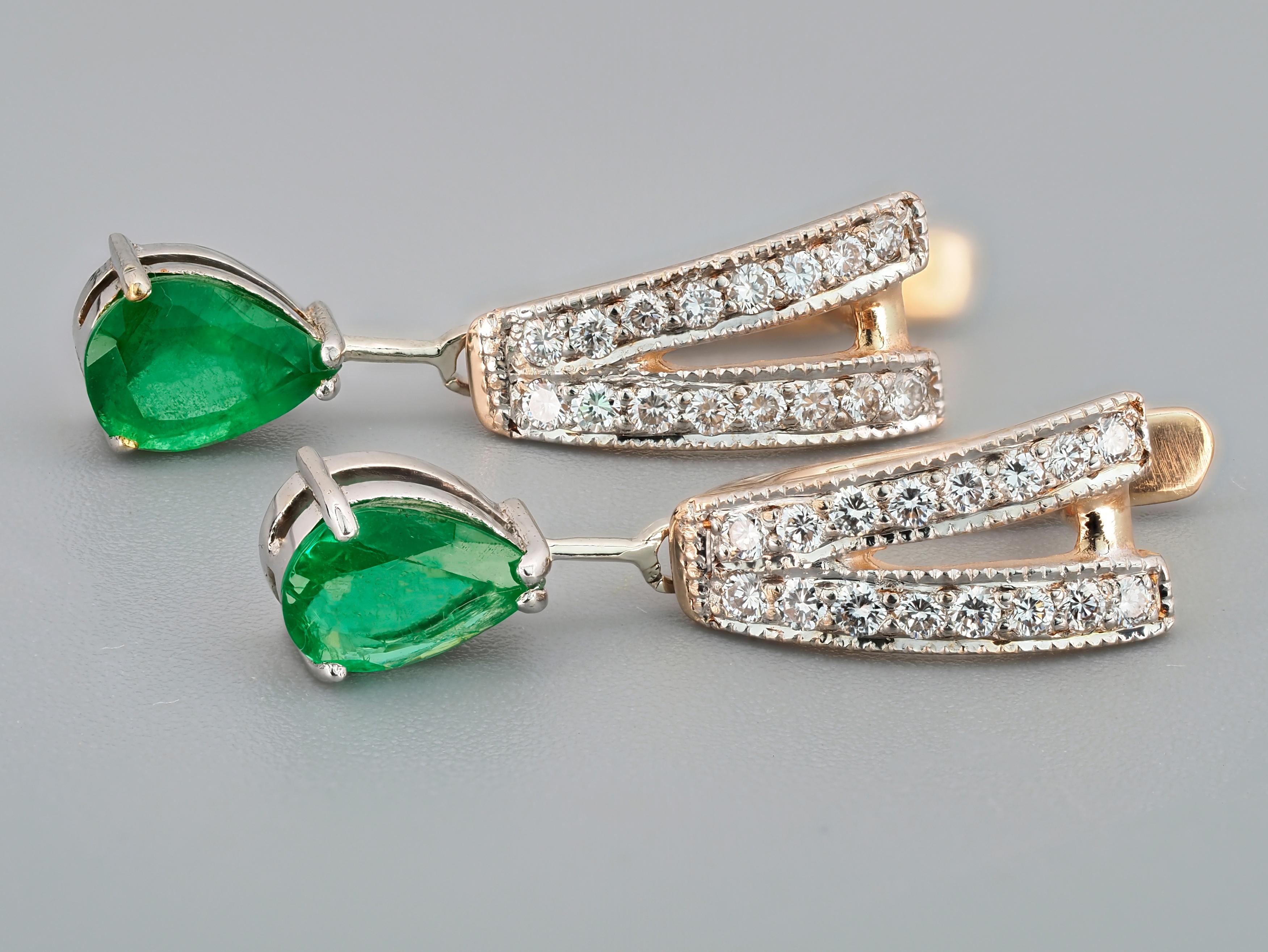 Modern 14k Gold Earrings with Pear Emeralds and Diamonds For Sale