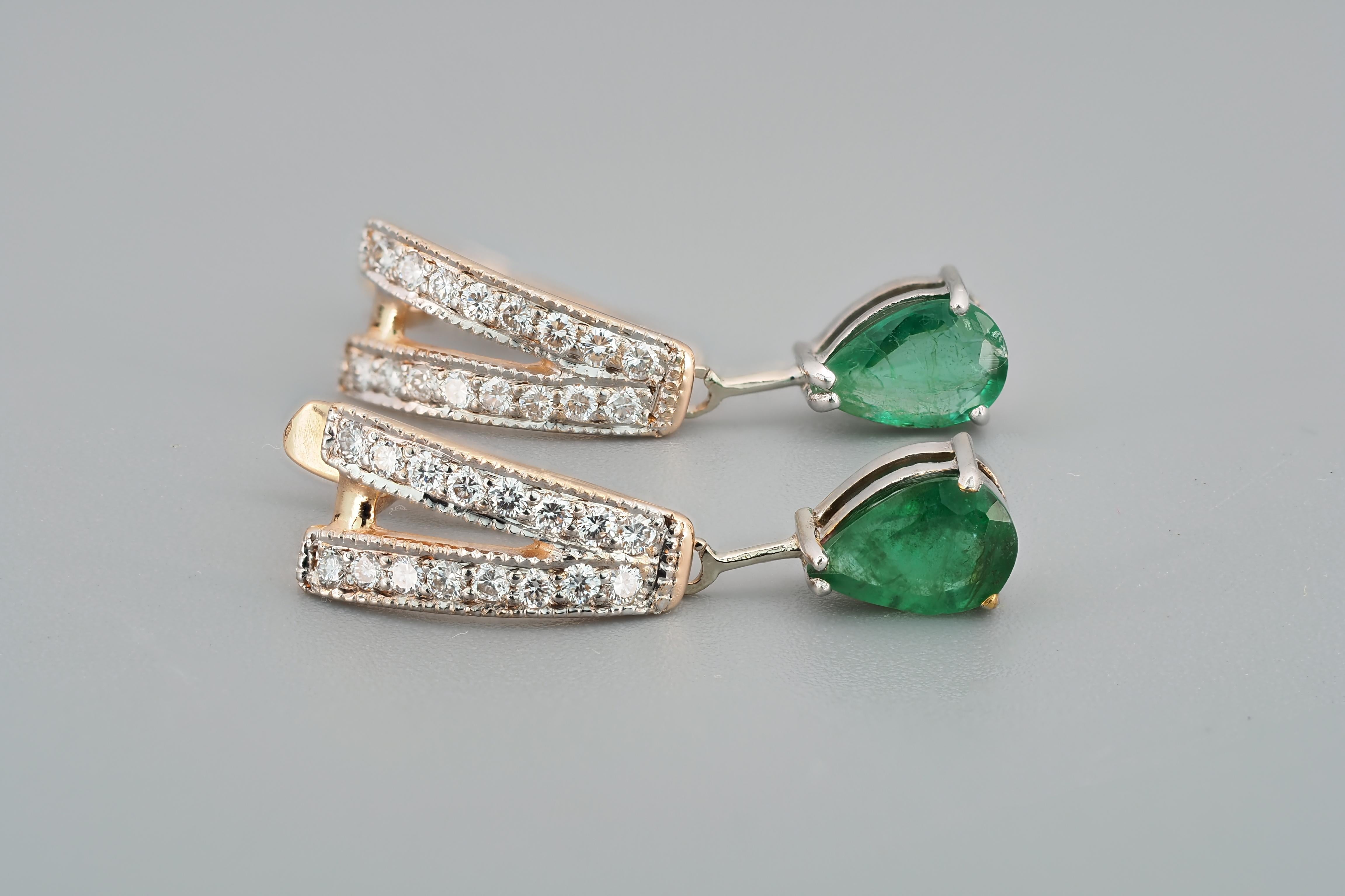 Pear Cut 14k Gold Earrings with Pear Emeralds and Diamonds For Sale