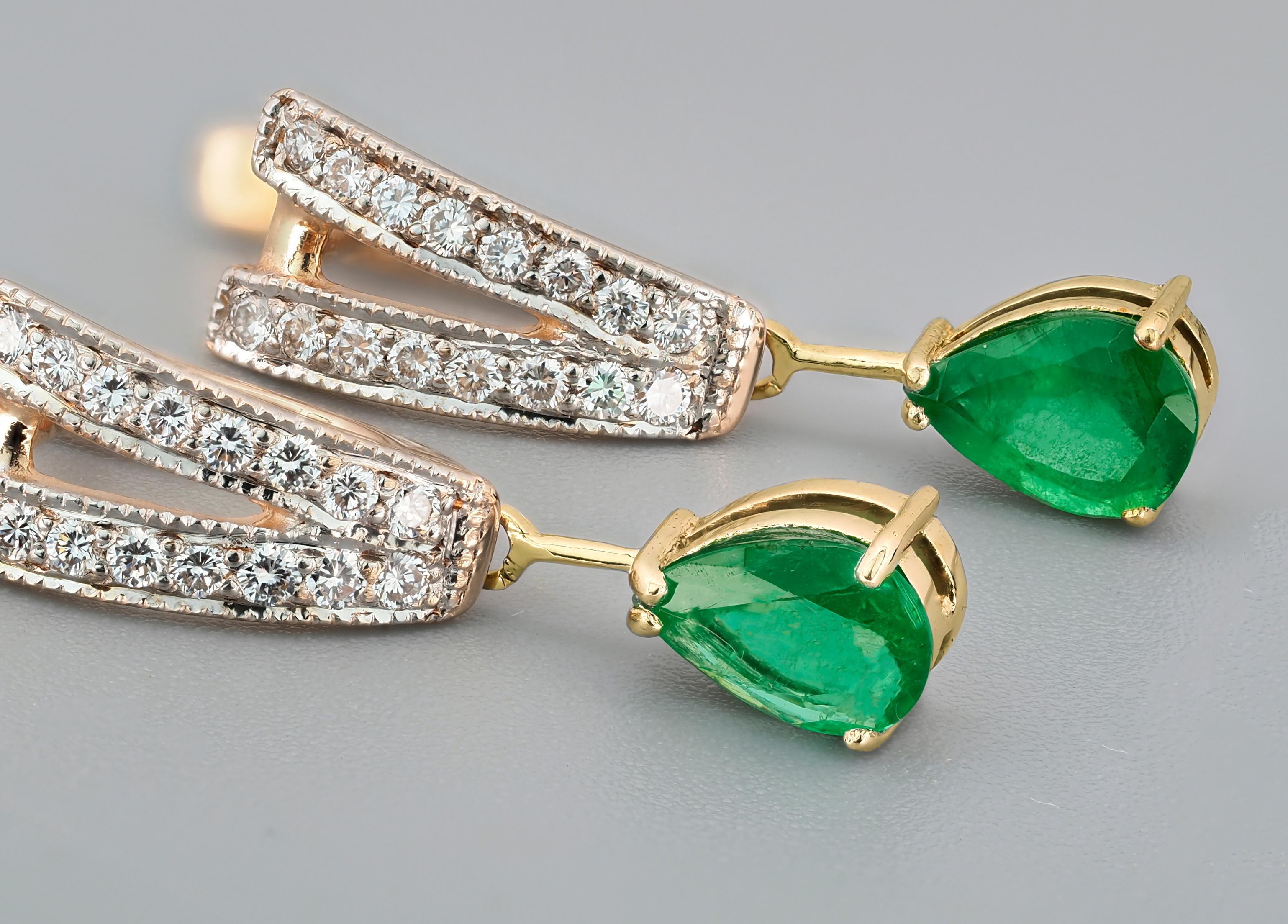 Emerald and diamonds earrings studs. Pear emerald gold studs. Genuine emerald earrings. May birthstone jewelry. Emerald jewelry gift for her. Genuine 1.2 ct emeralds earrings studs. 14k solid gold studs. Pear cut emerald earrings.  

Metal type: