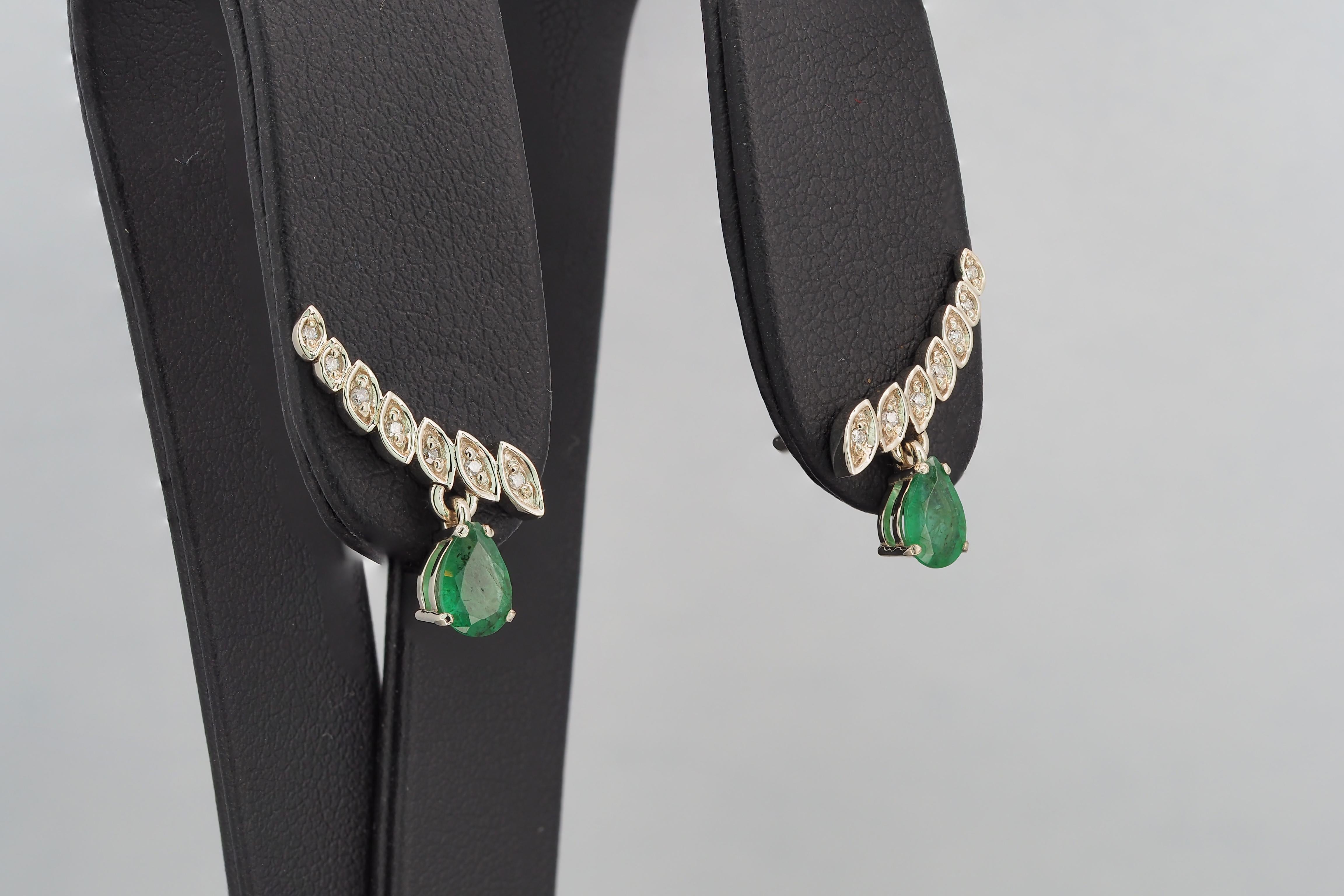 14k Gold Earrings with Pear Emeralds and Diamonds 3