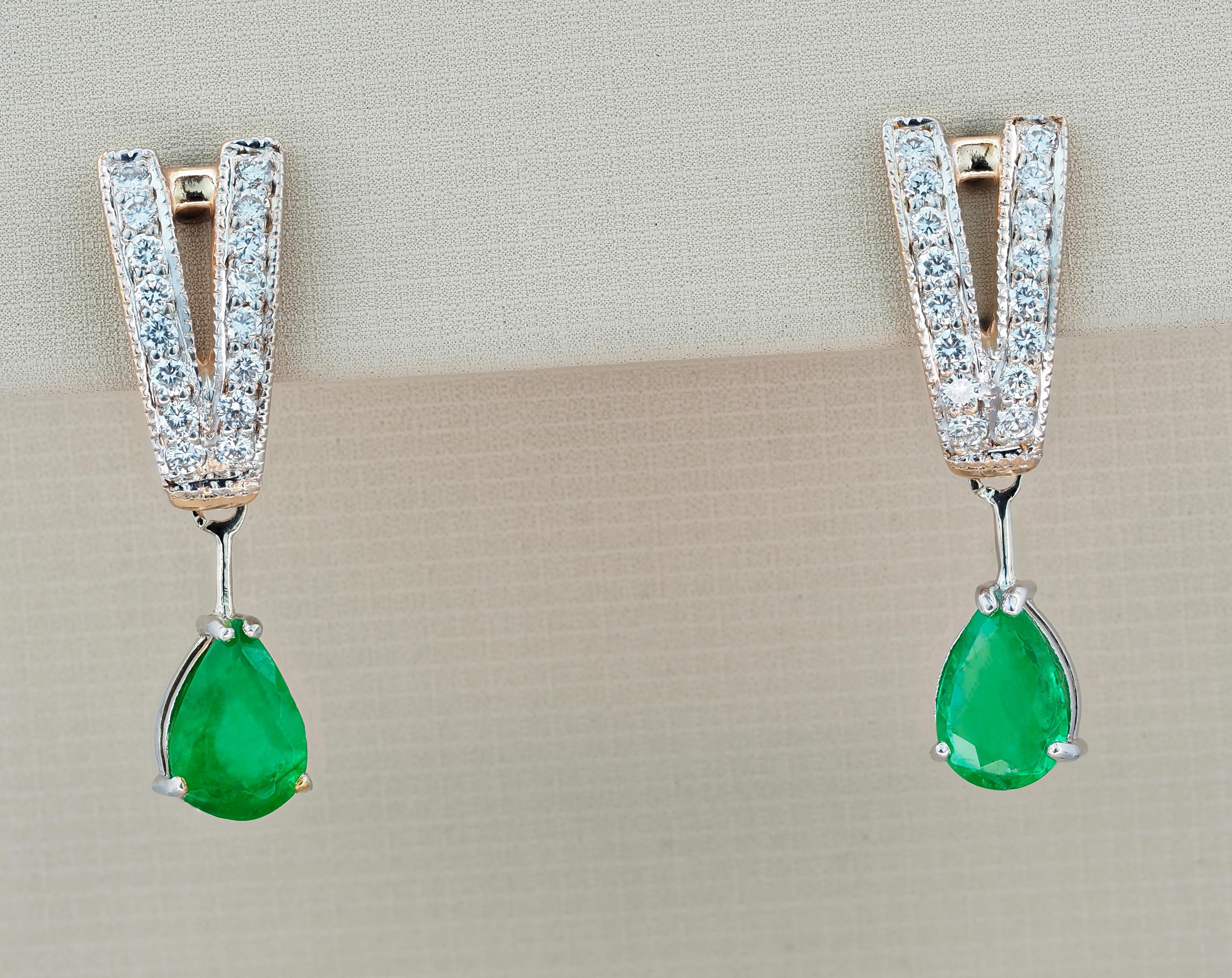 14k Gold Earrings with Pear Emeralds and Diamonds For Sale 2