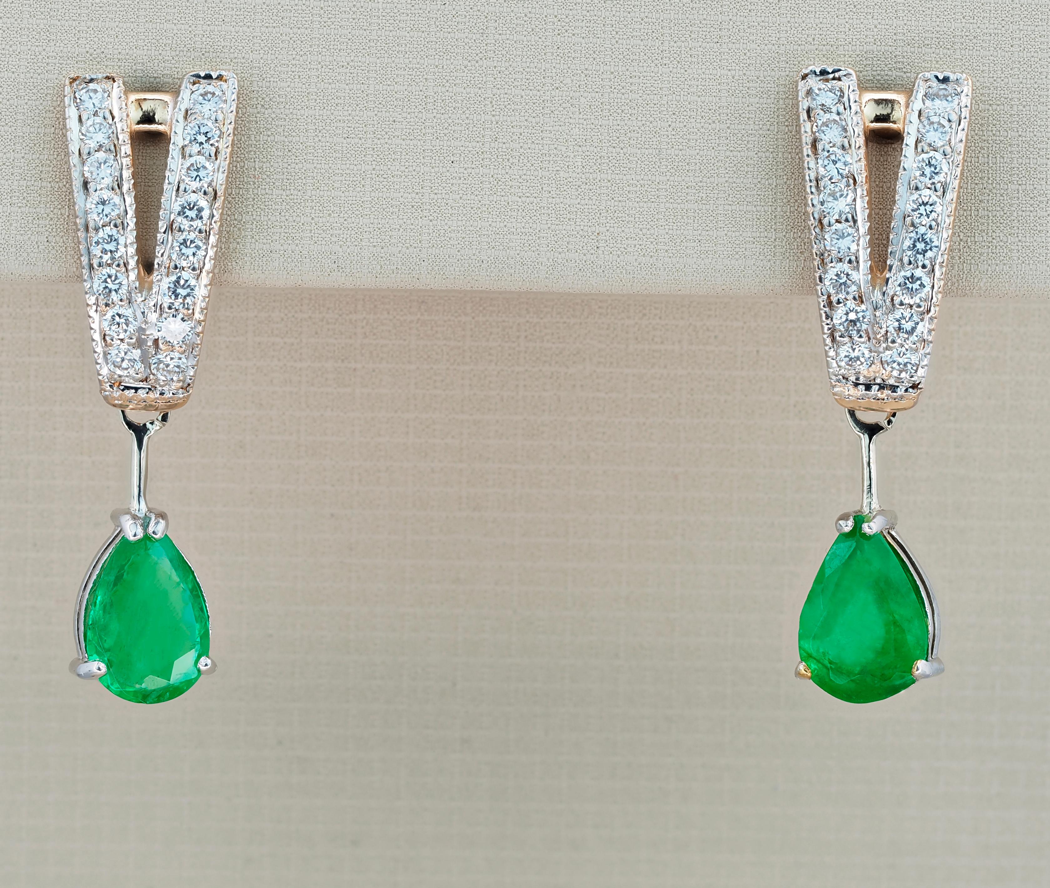 14k Gold Earrings with Pear Emeralds and Diamonds For Sale 3
