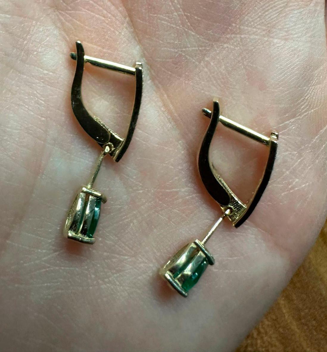 14k Gold Earrings with Pear Emeralds and Diamonds For Sale 2