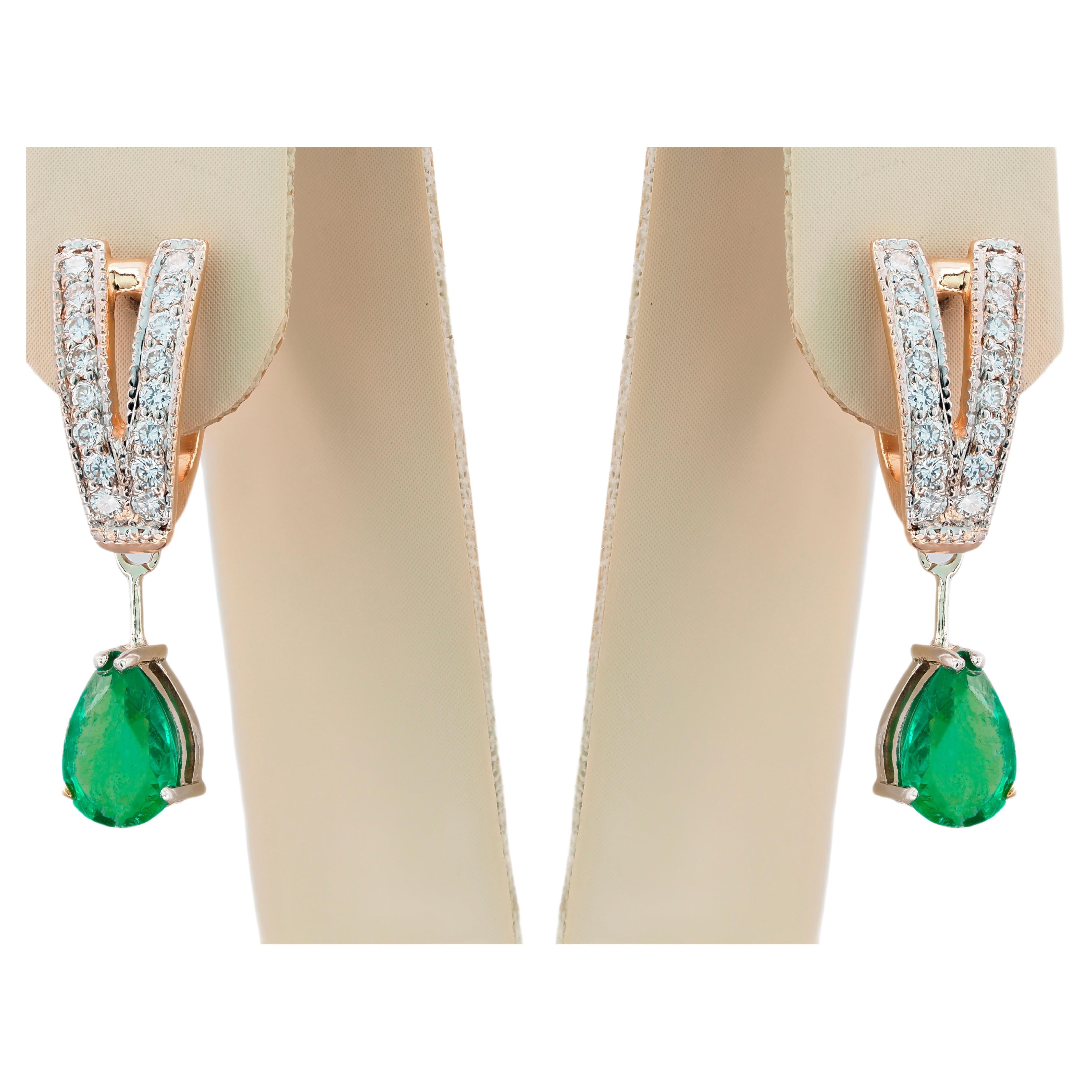 14k Gold Earrings with Pear Emeralds and Diamonds For Sale