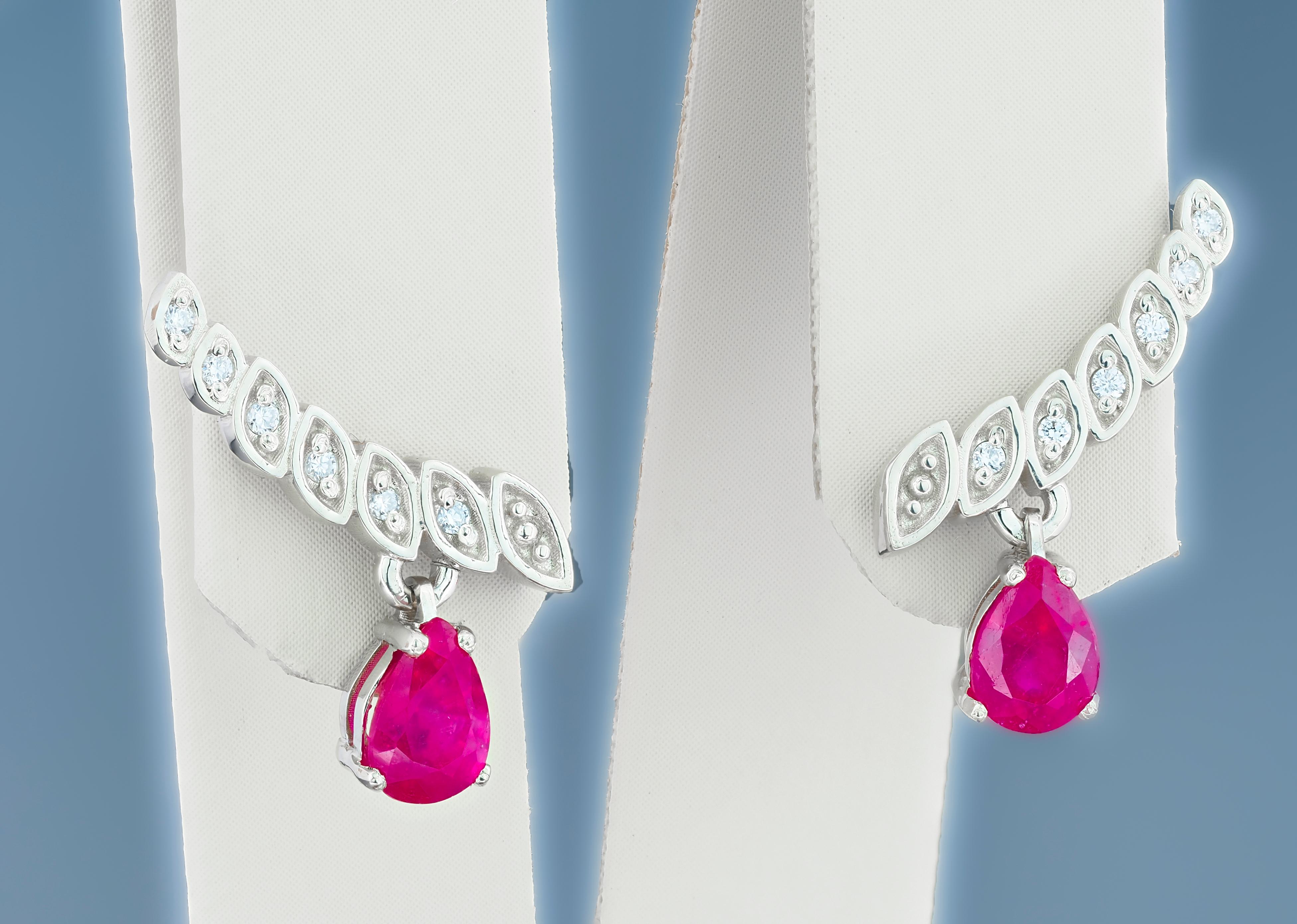 Modern 14k Gold Earrings with Pear Rubies and Diamonds! For Sale