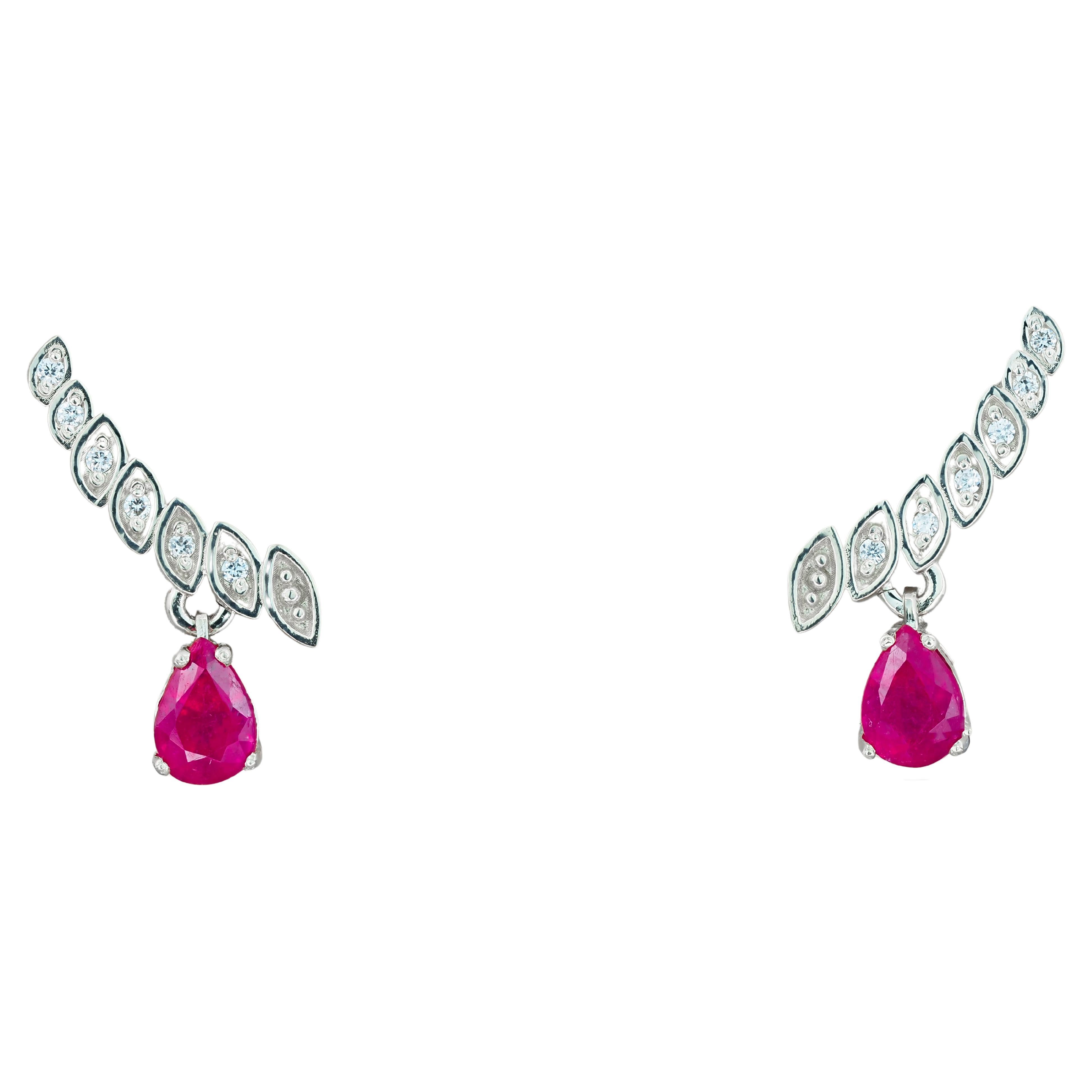 14k Gold Earrings with Pear Rubies and Diamonds! For Sale