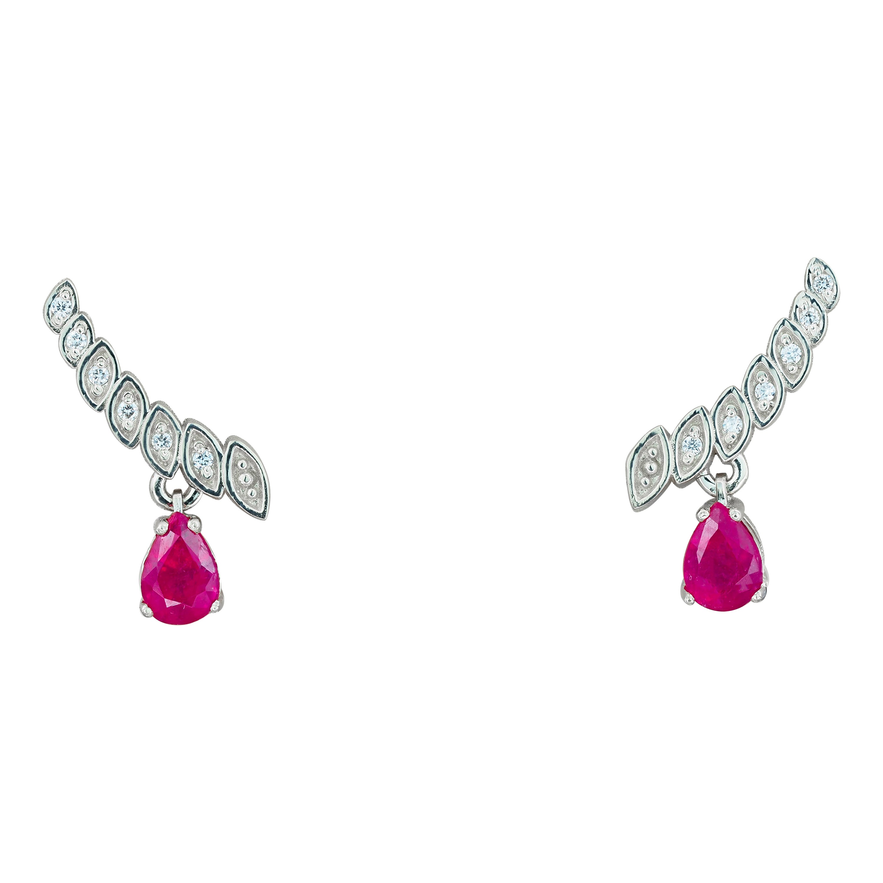 14k Gold Earrings with Pear Rubies and Diamonds For Sale
