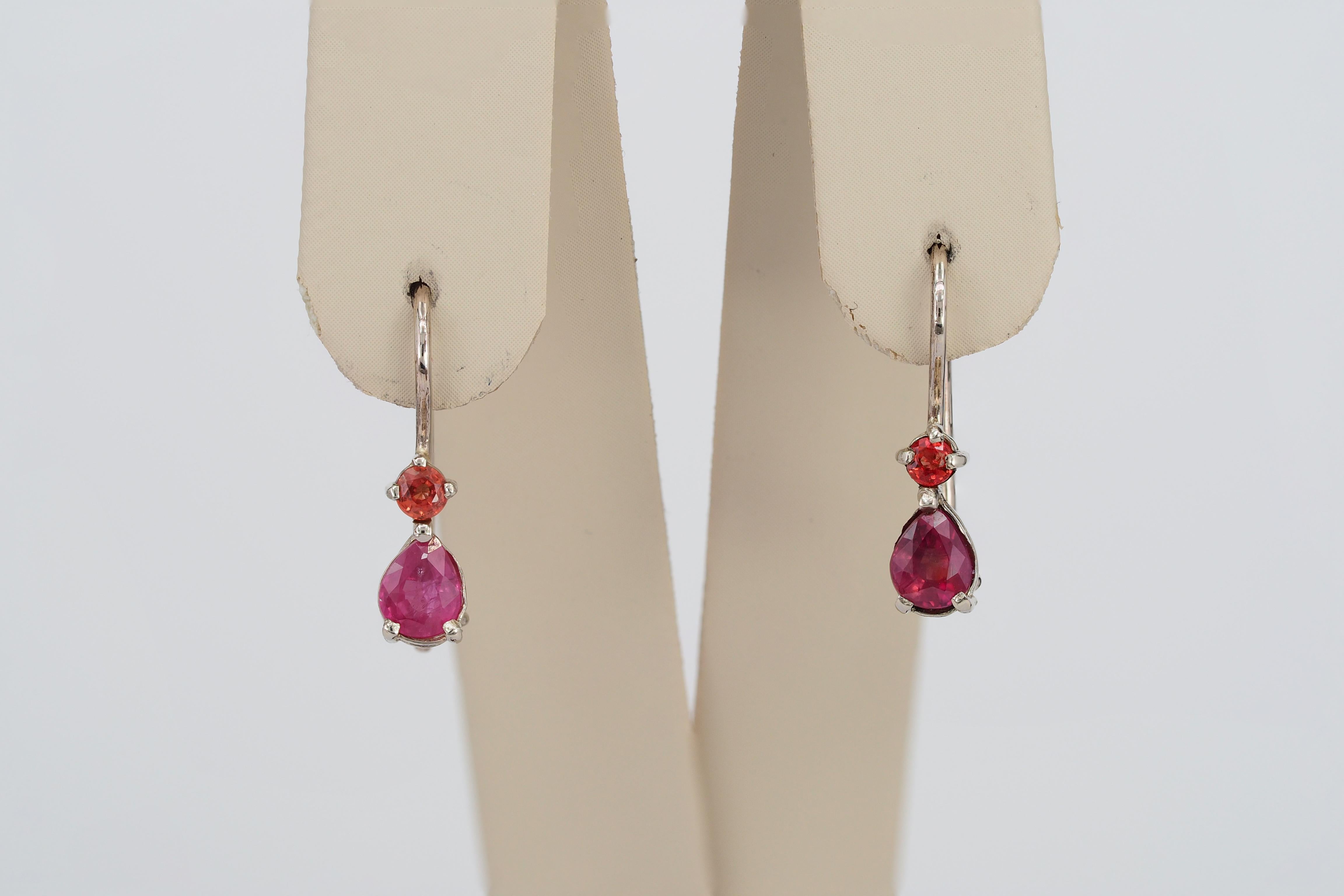 14k Gold Earrings with Pear Rubies and Sapphires For Sale 4