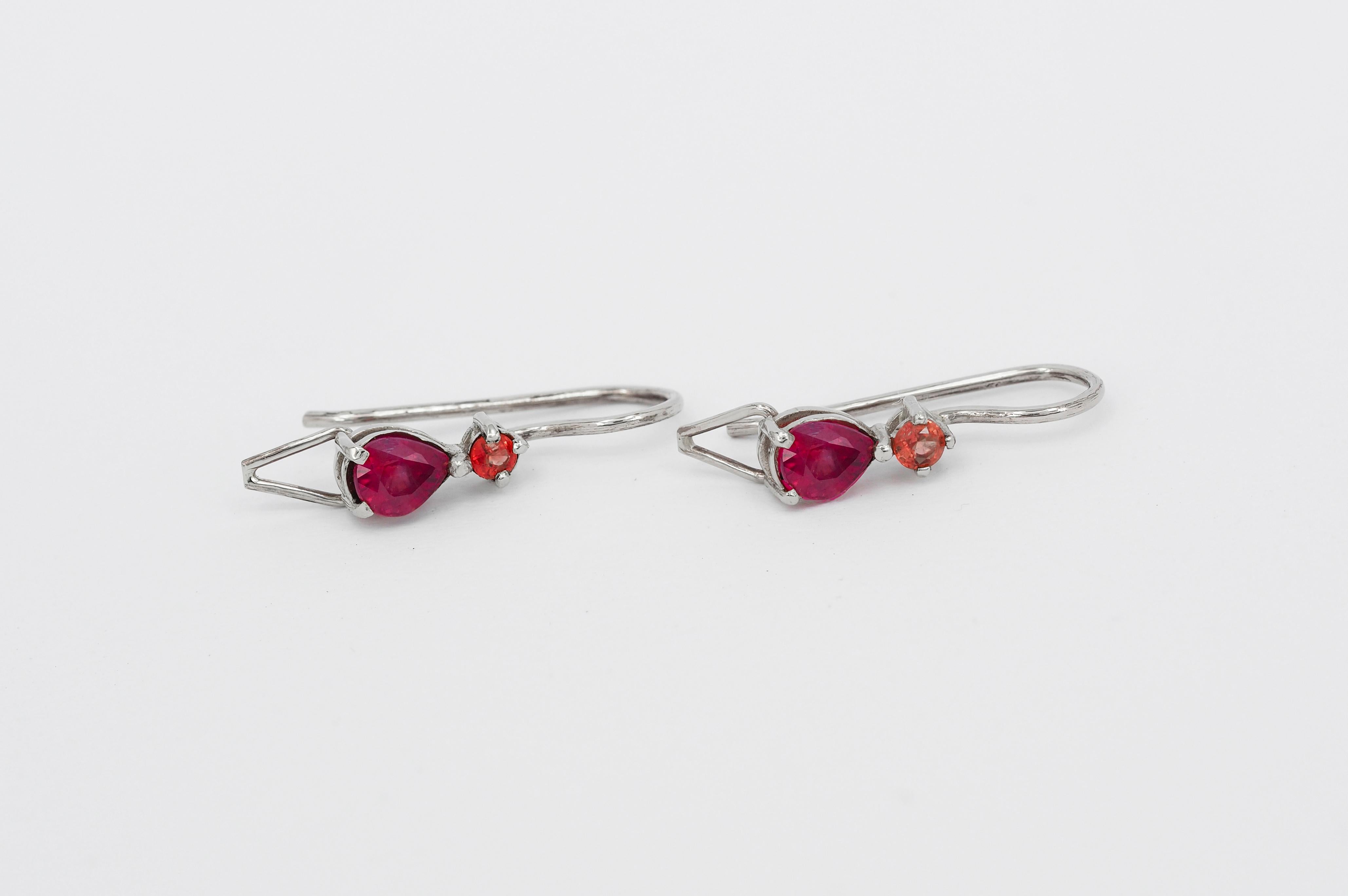 Modern 14k Gold Earrings with Pear Rubies and Sapphires For Sale