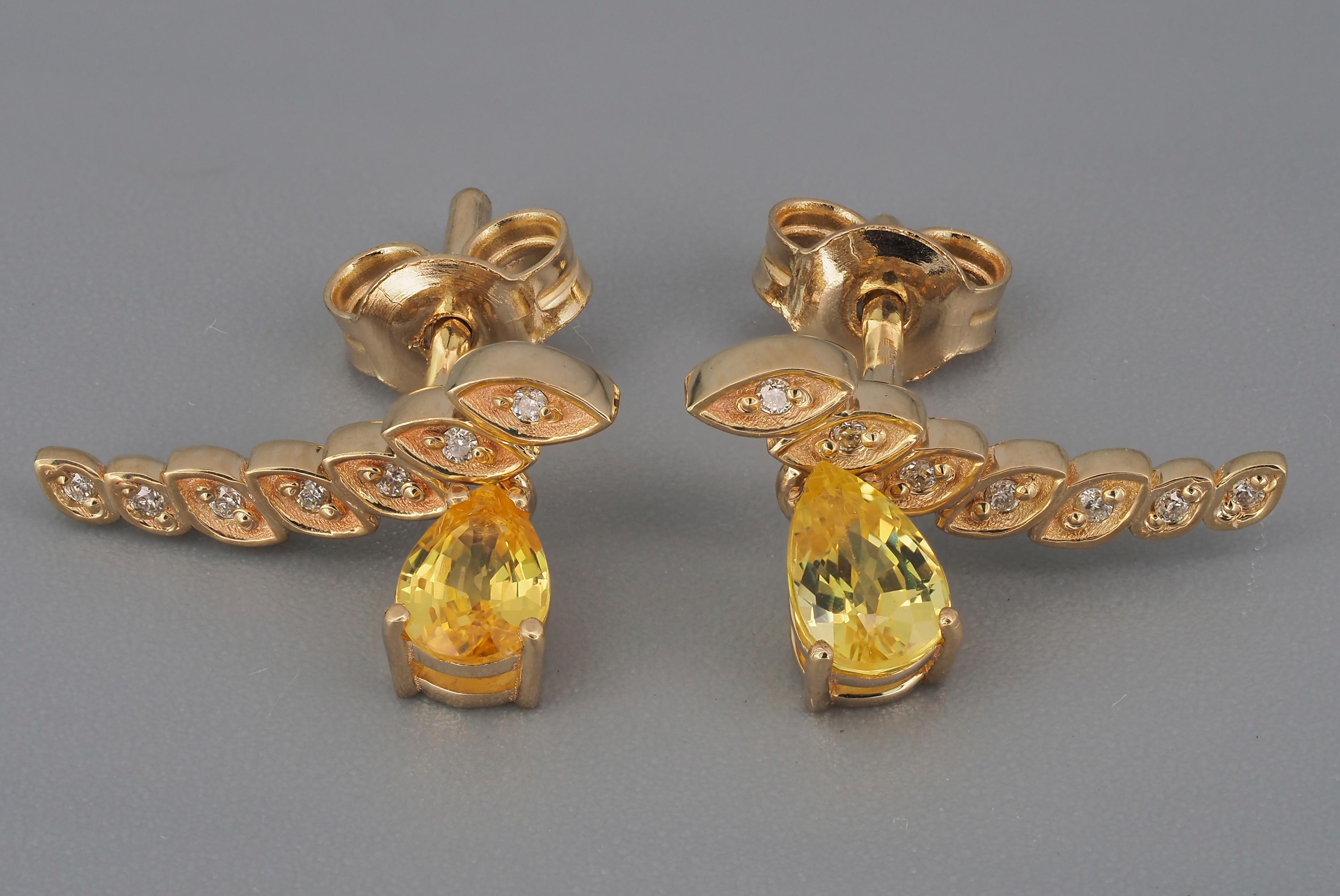 14k Gold Earrings with Pear Sapphires and Diamonds For Sale 4