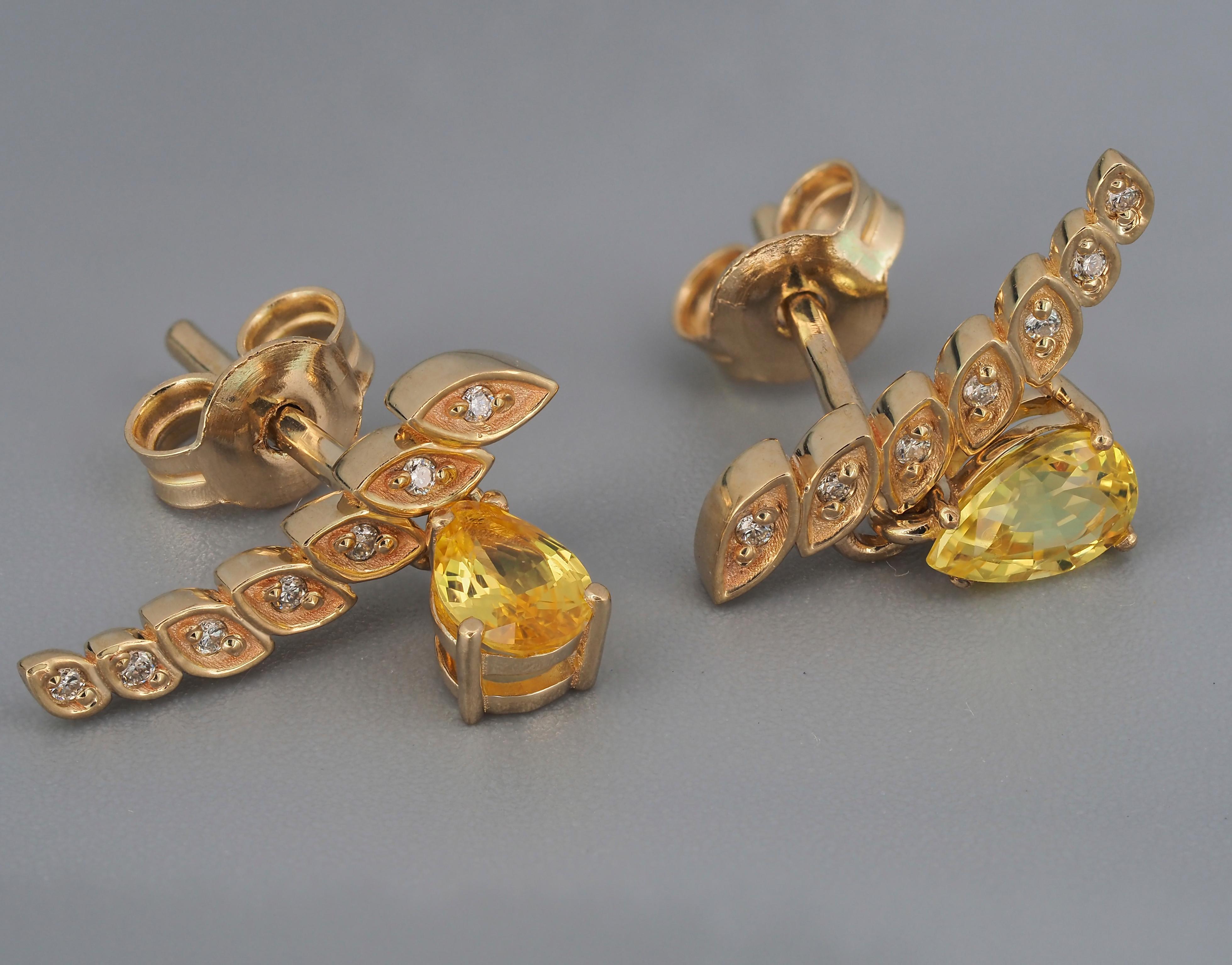 14k Gold Earrings with Pear Sapphires and Diamonds For Sale 5