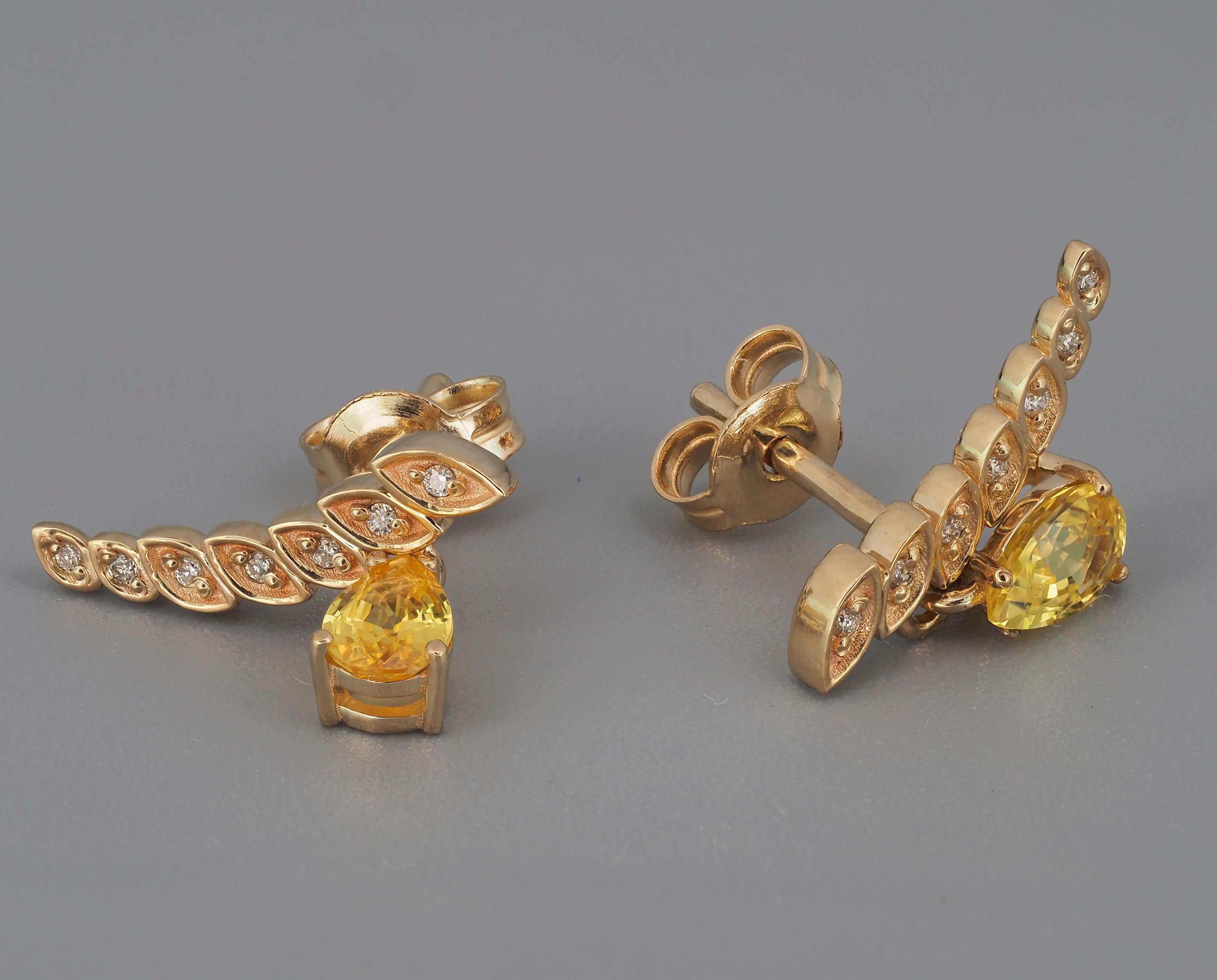 14k Gold Earrings with Pear Sapphires and Diamonds For Sale 6