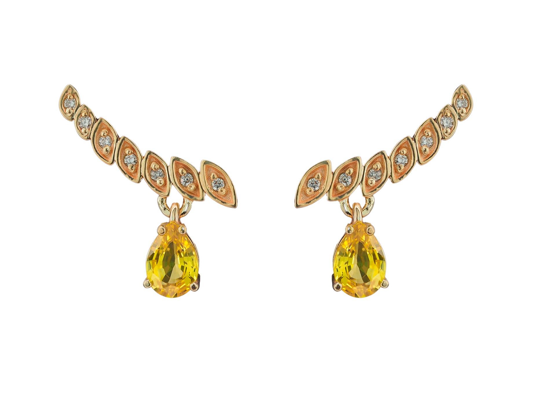 14k Gold Earrings with Pear Sapphires and Diamonds For Sale 9