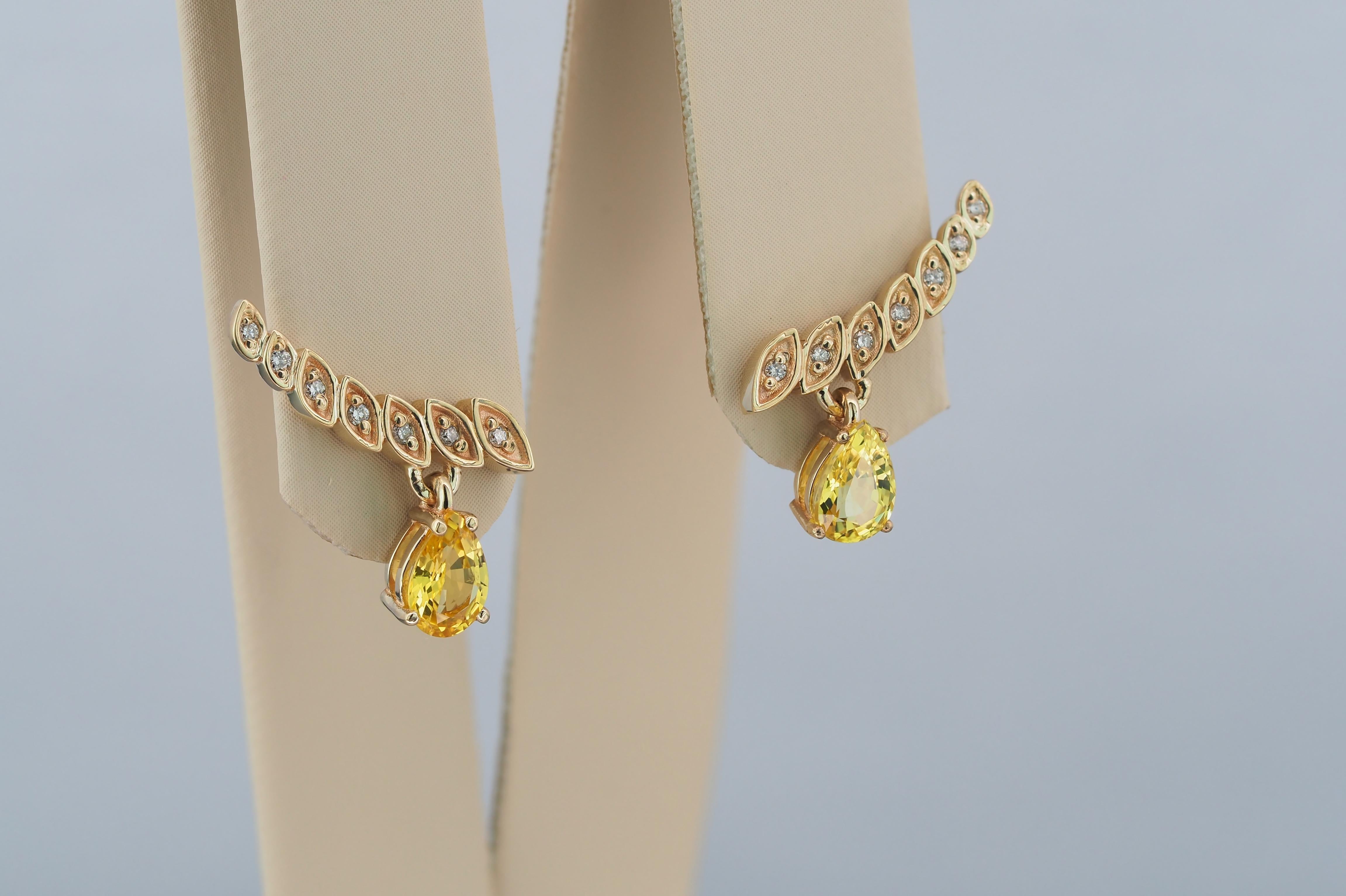 Modern 14k Gold Earrings with Pear Sapphires and Diamonds For Sale