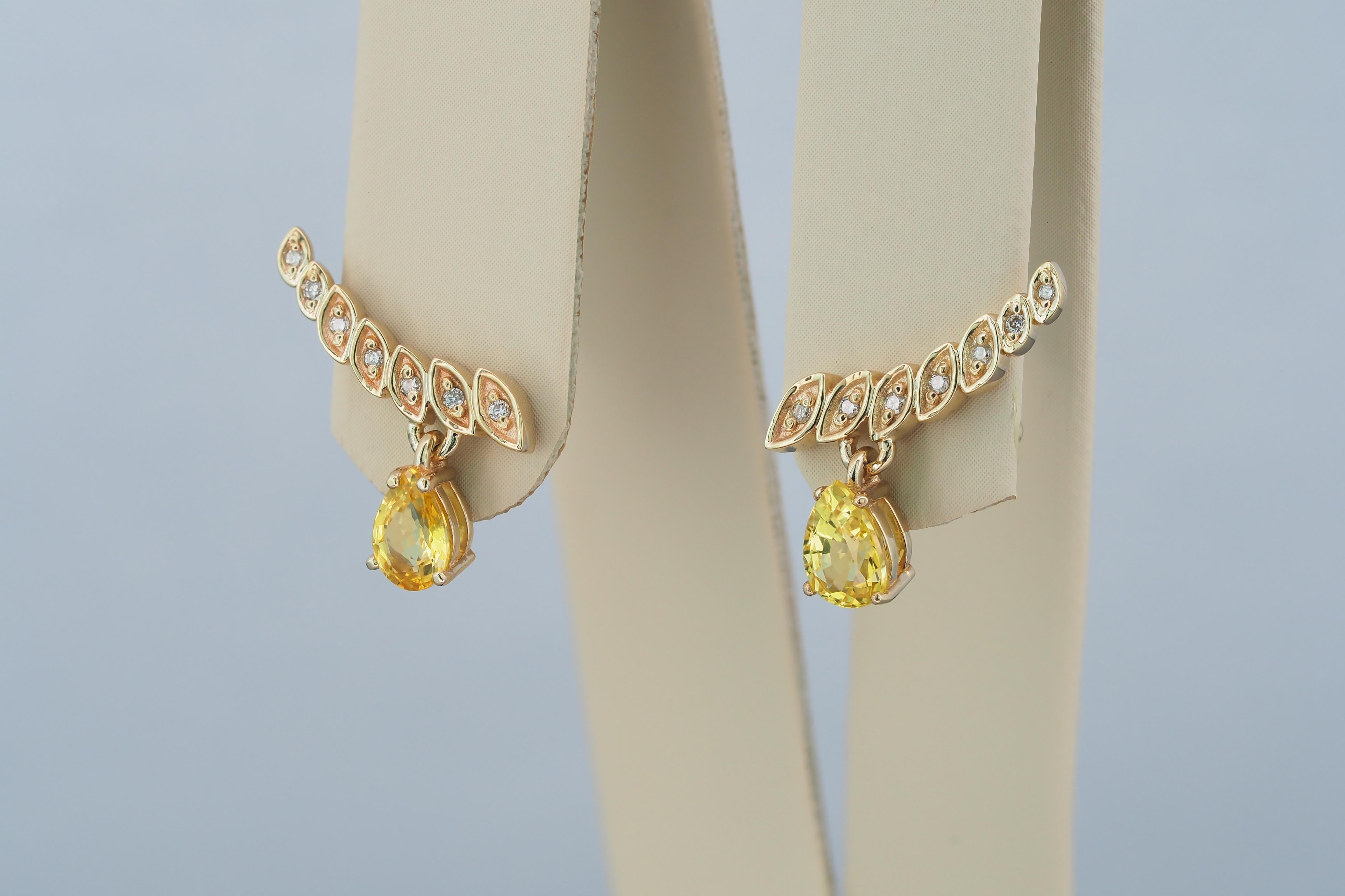 Pear Cut 14k Gold Earrings with Pear Sapphires and Diamonds For Sale