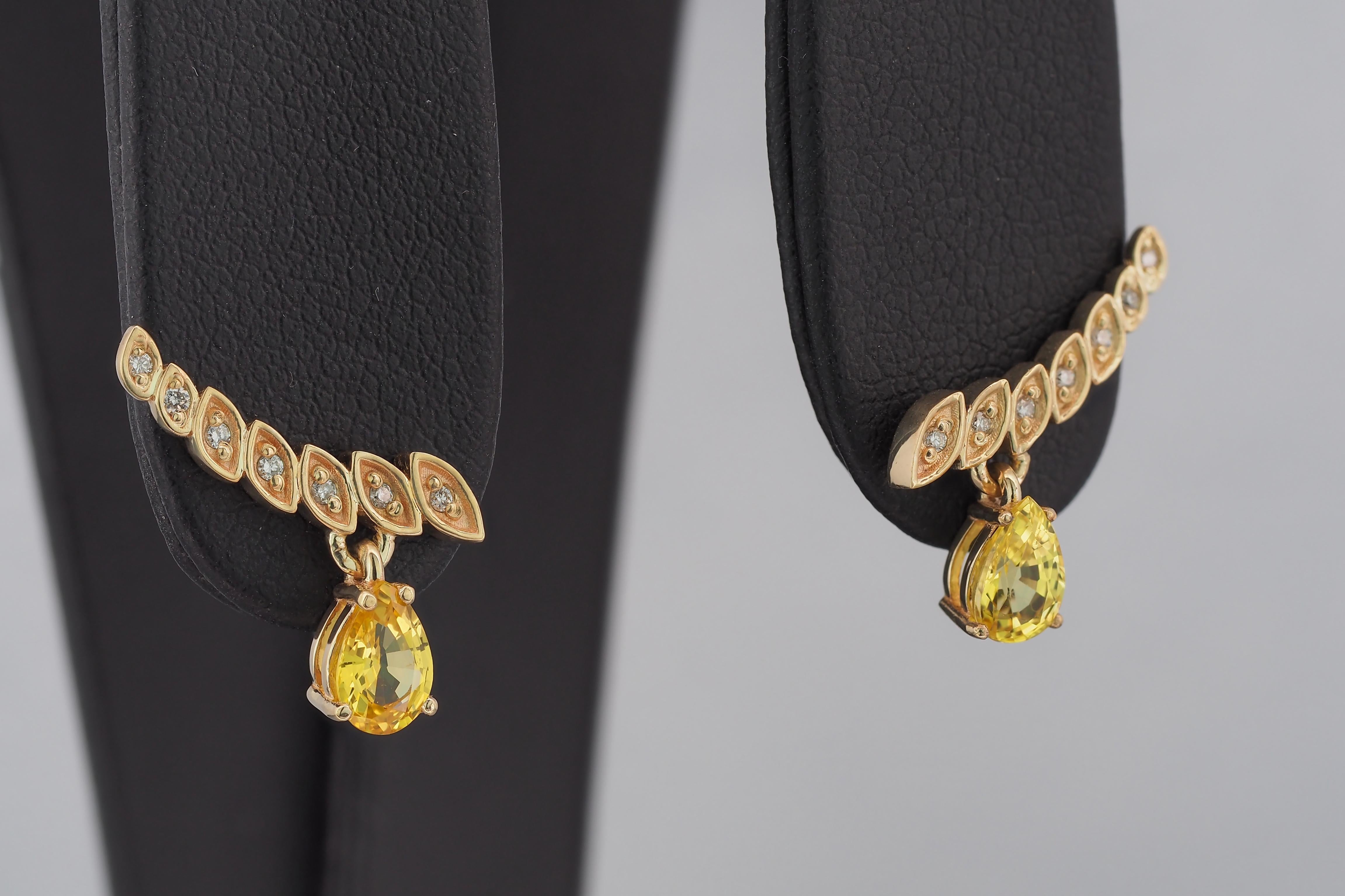 Women's 14k Gold Earrings with Pear Sapphires and Diamonds For Sale