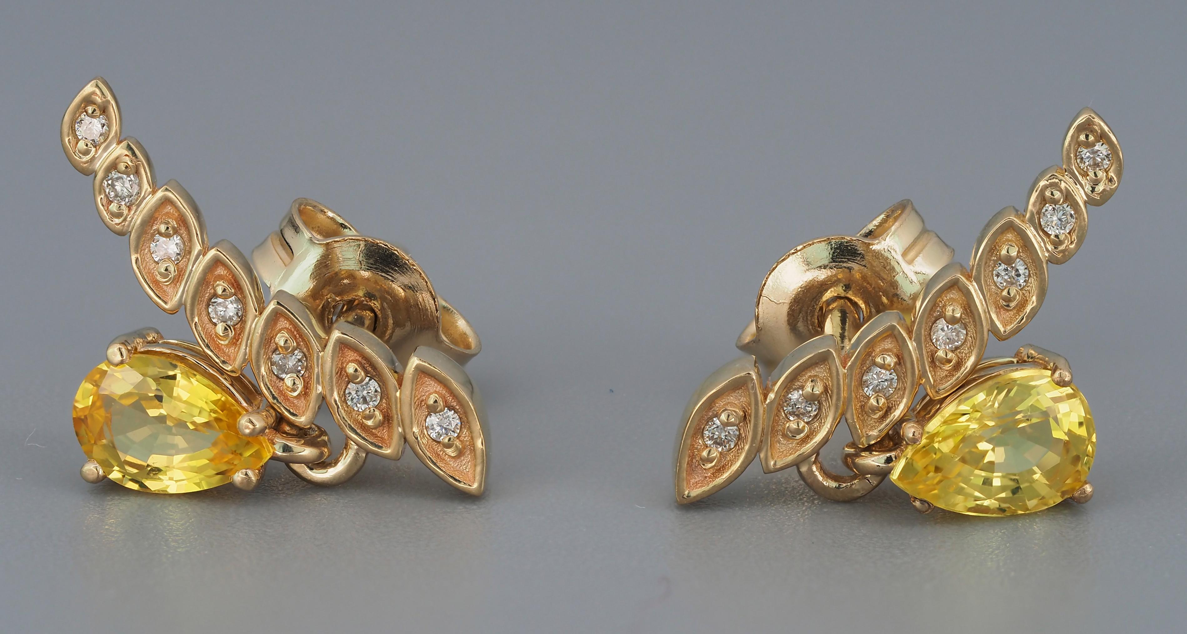14k Gold Earrings with Pear Sapphires and Diamonds For Sale 2