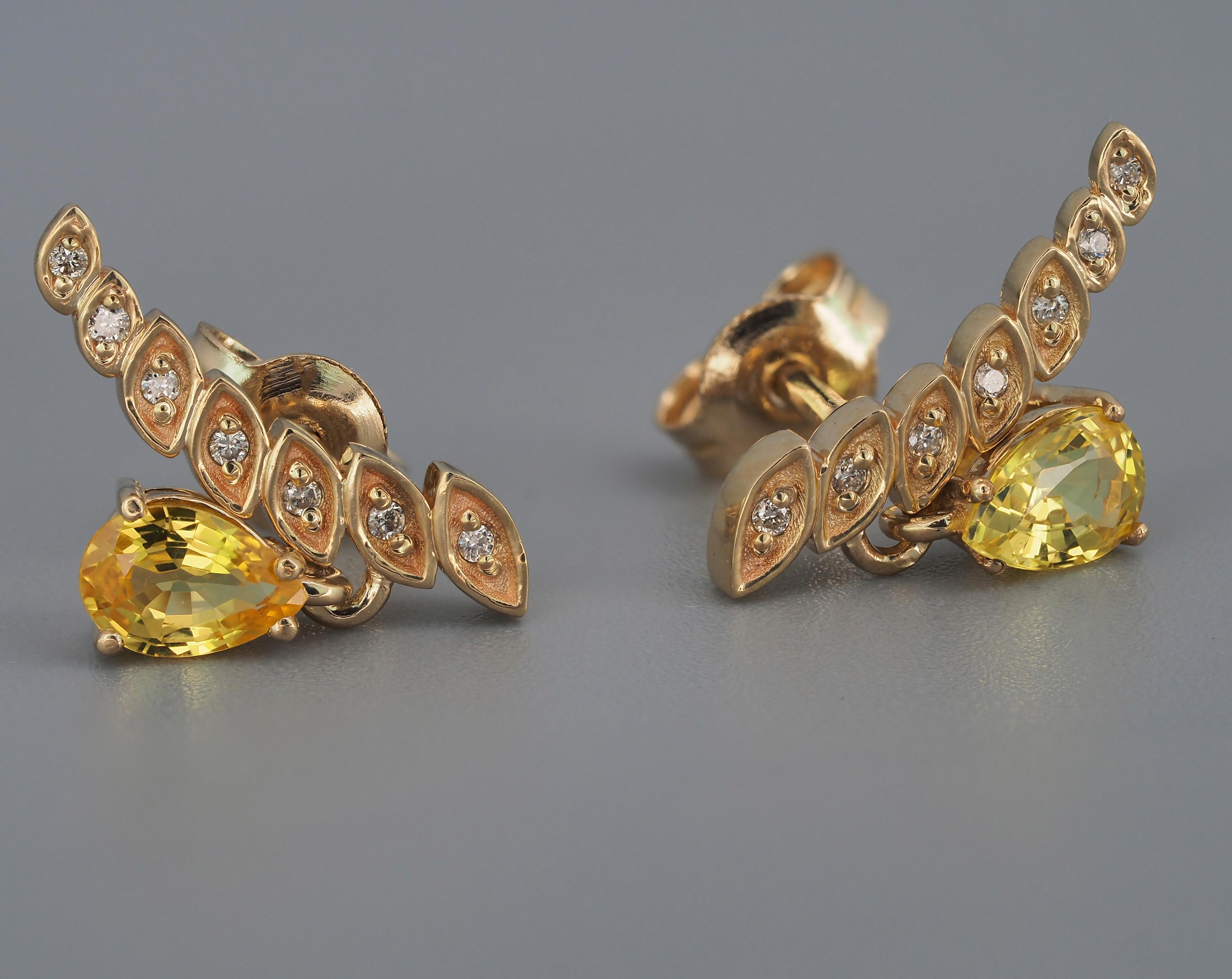 14k Gold Earrings with Pear Sapphires and Diamonds For Sale 3