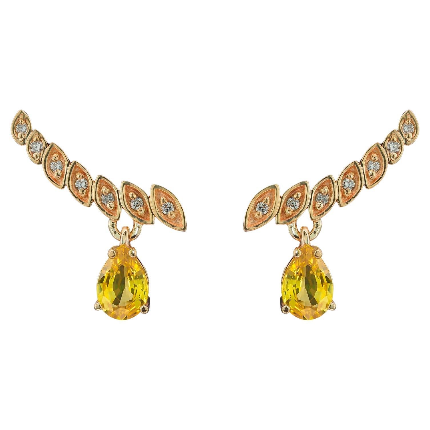 Pendientes de oro de 14k con zafiros pera y diamantes