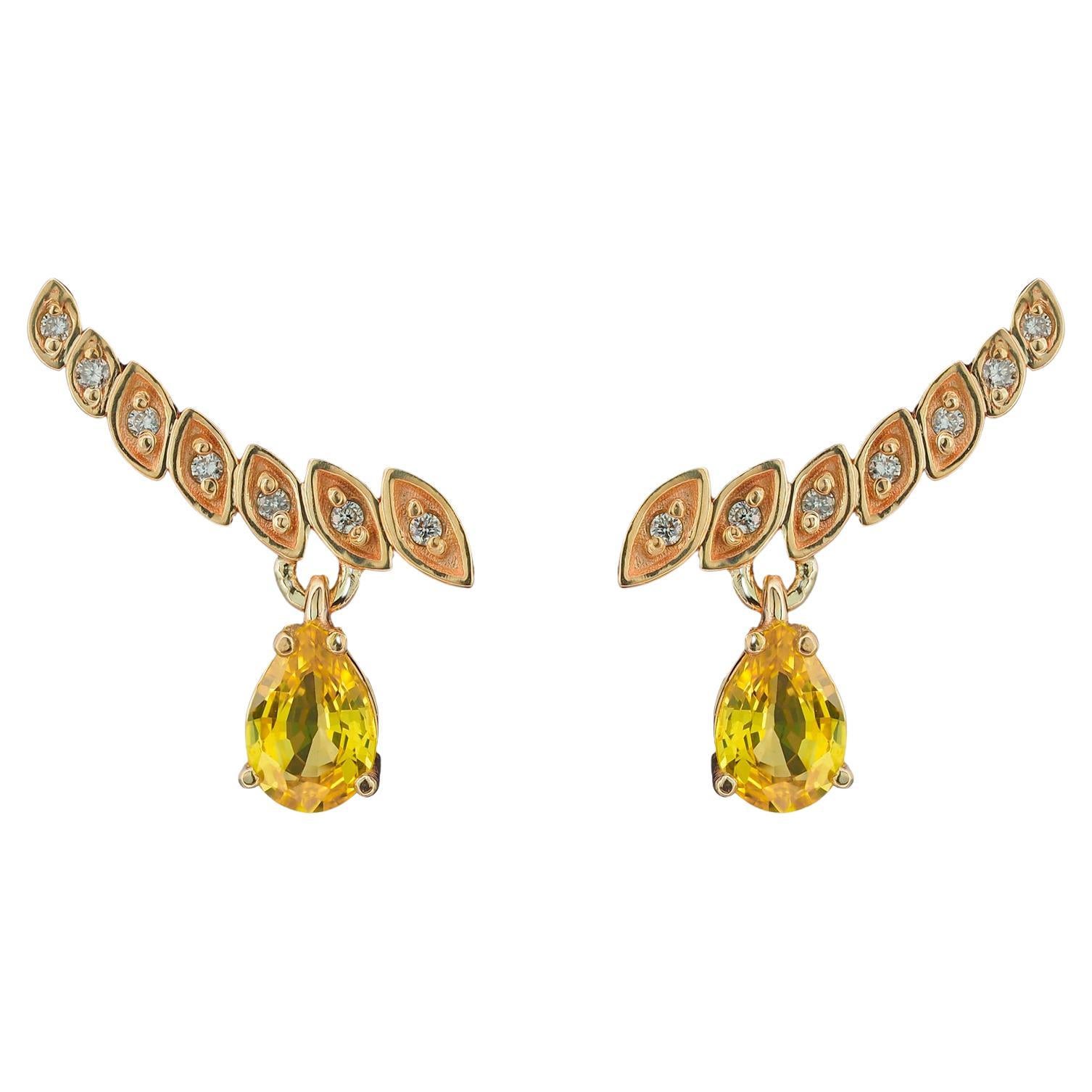 14k Gold Earrings with Pear Sapphires and Diamonds For Sale