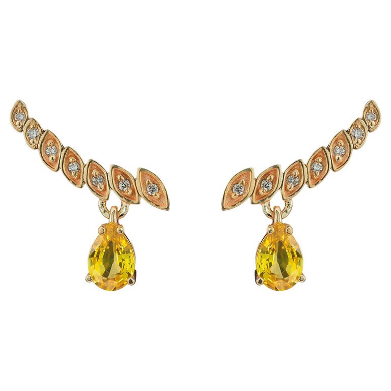 14 Karat Gold Ohrringe mit birnenförmigen Saphiren und Diamanten im Angebot  bei 1stDibs