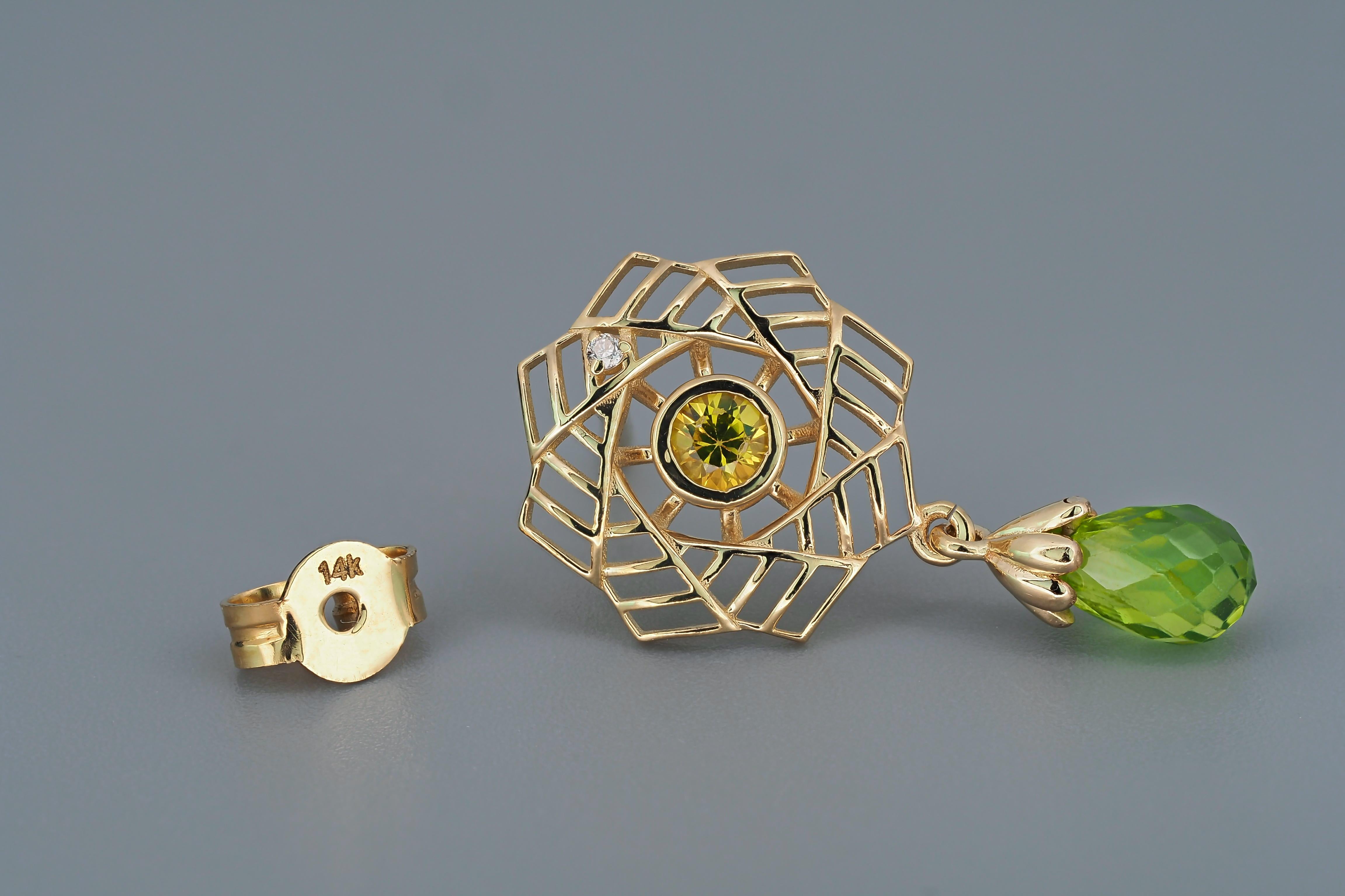 Briolette Cut 14k gold earrings with peridots, sapphires and diamonds.  For Sale