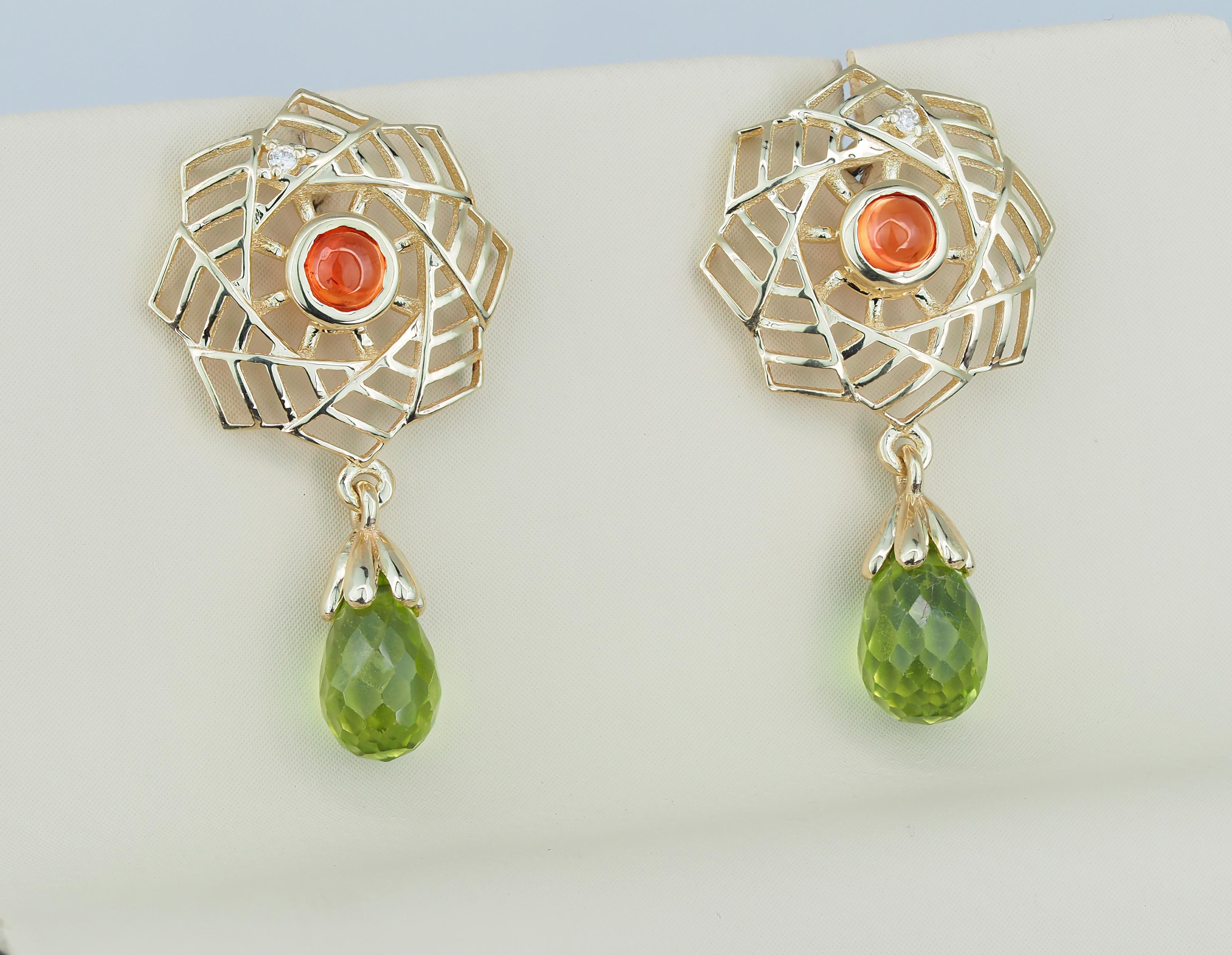 Briolette Cut 14k gold earrings with peridots, sapphires and diamonds.  For Sale