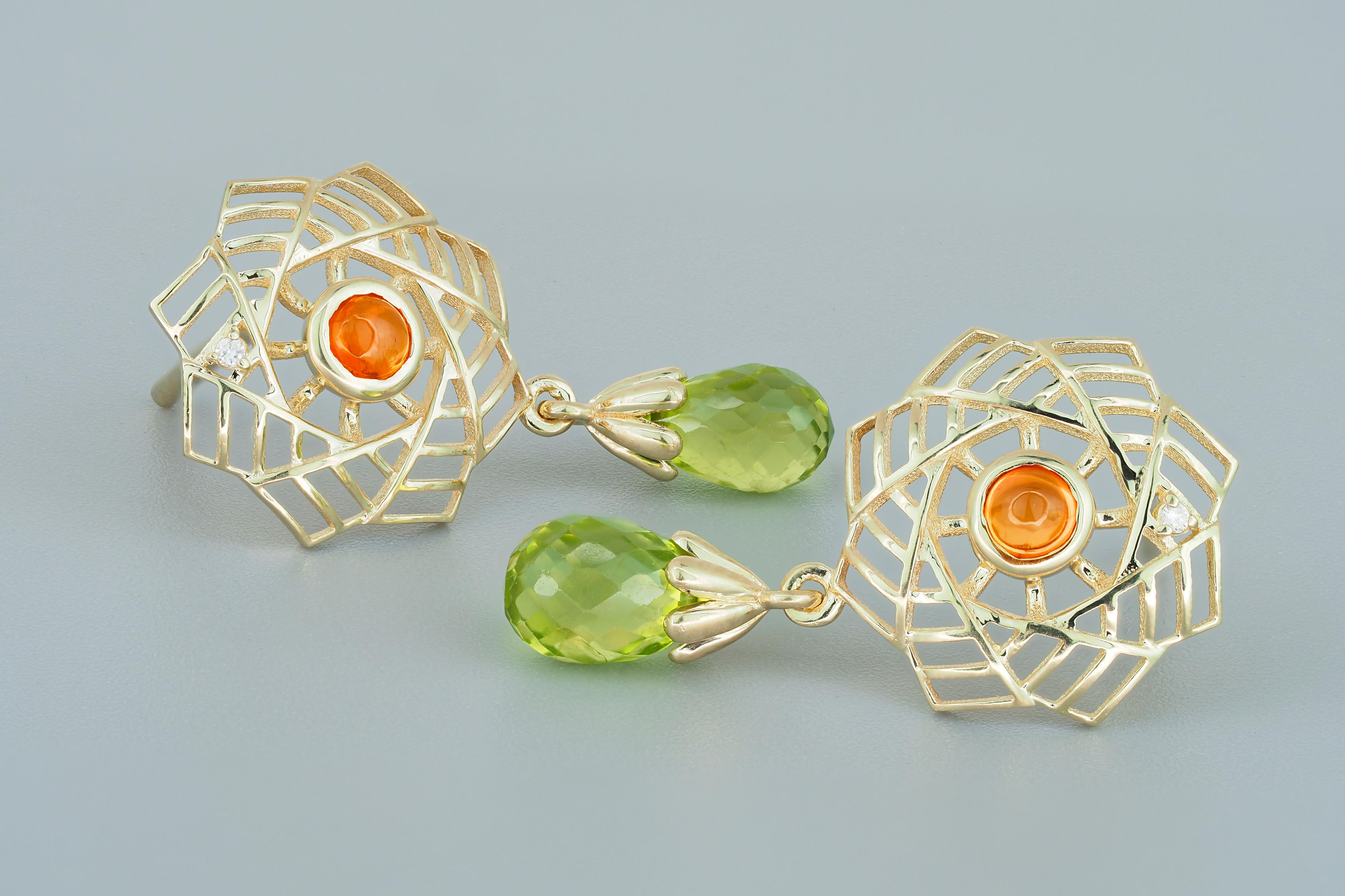 14k gold earrings with peridots, sapphires and diamonds.  For Sale 1