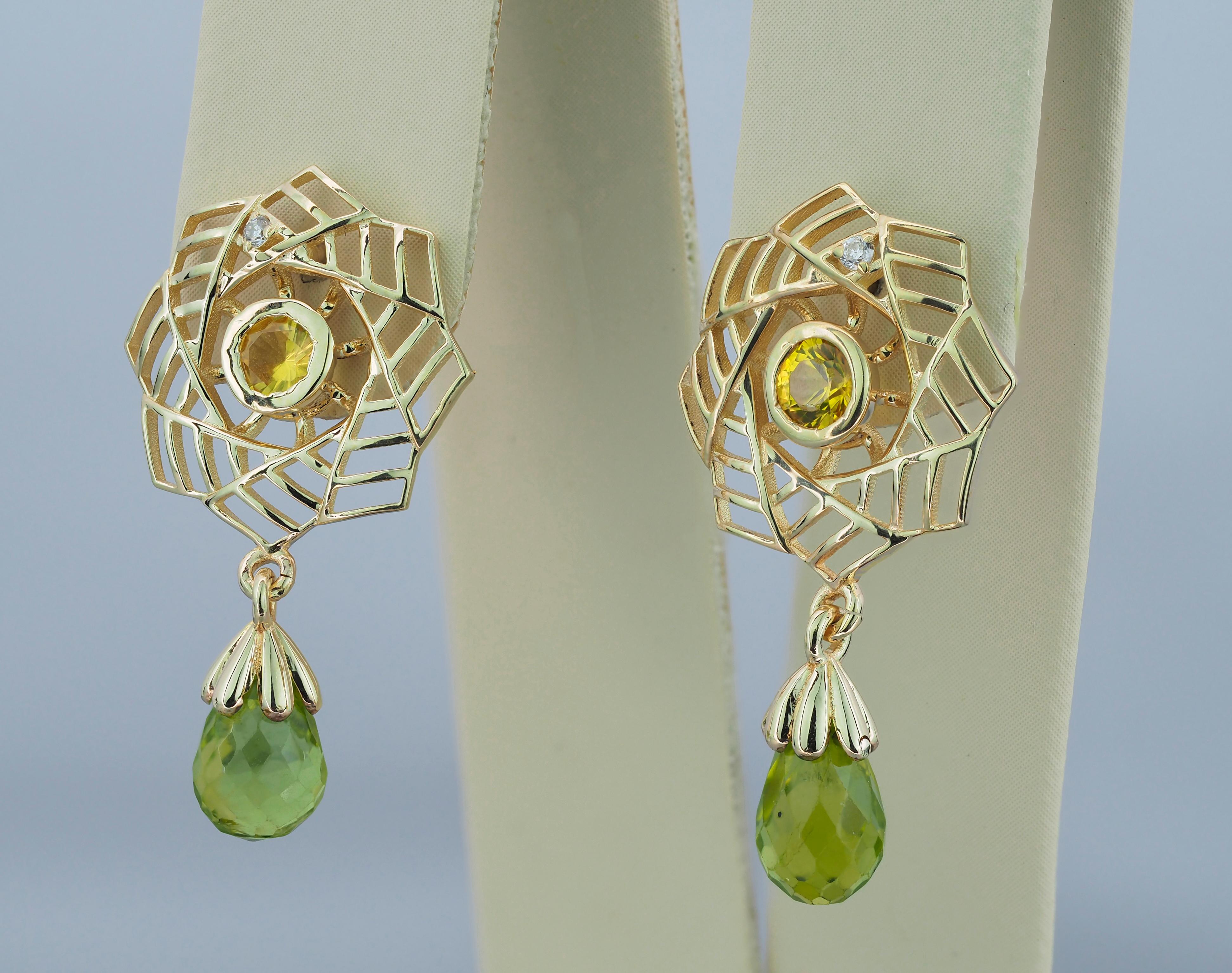 14k gold earrings with peridots, sapphires and diamonds.  For Sale 2
