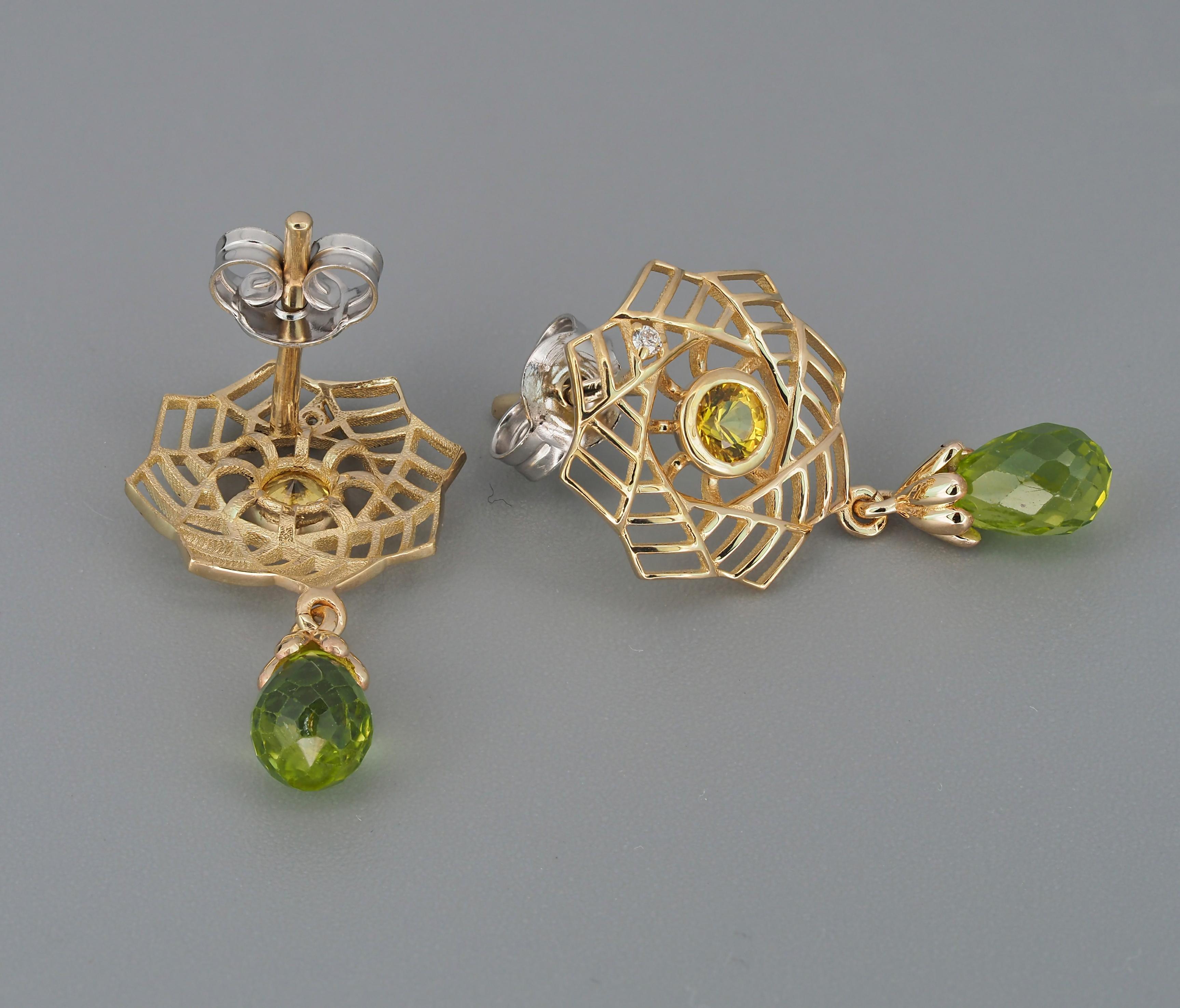 14k gold earrings with peridots, sapphires and diamonds.  For Sale 3