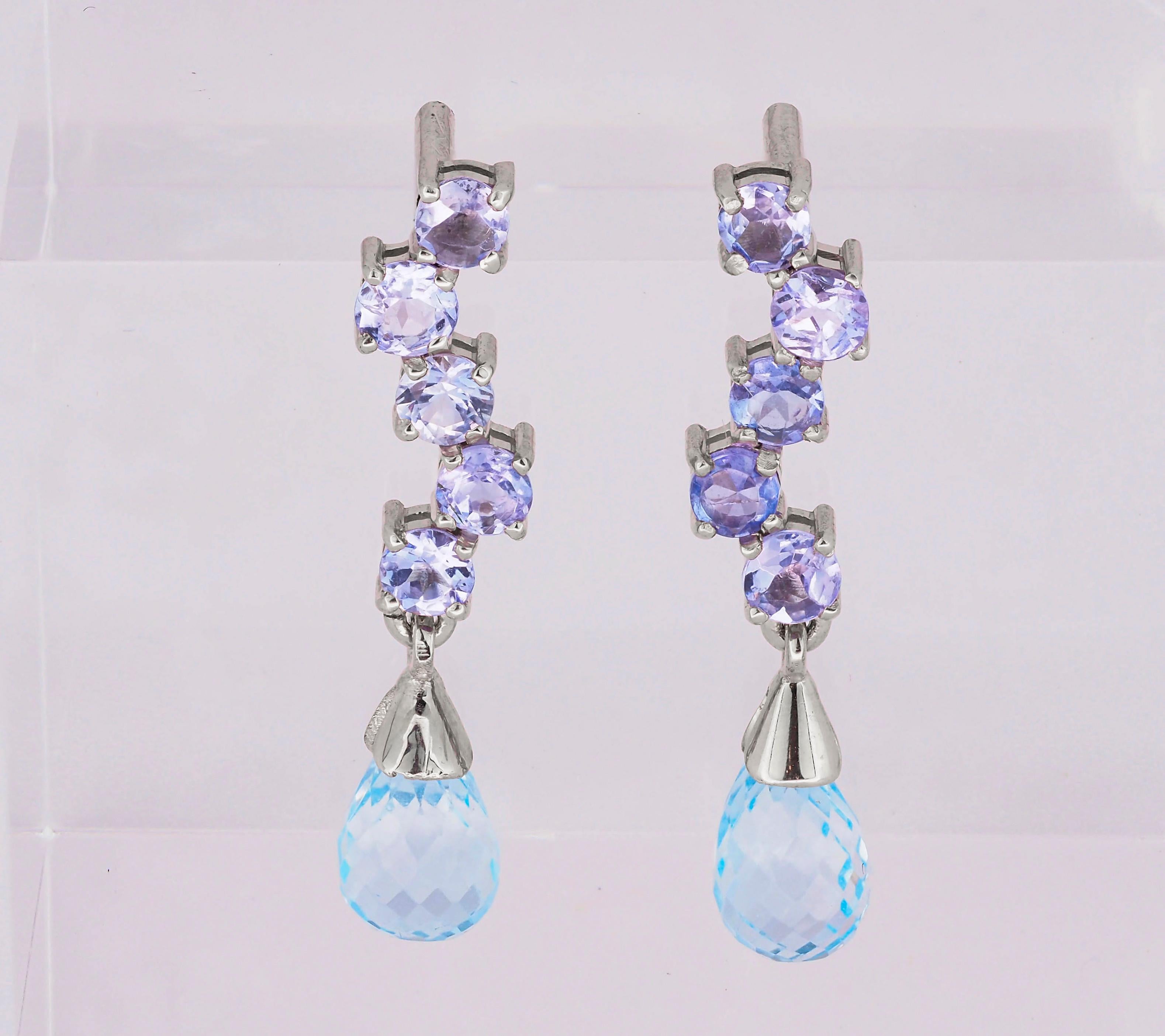 Women's 14k Gold Earrings with Topazes and Tanzanites For Sale