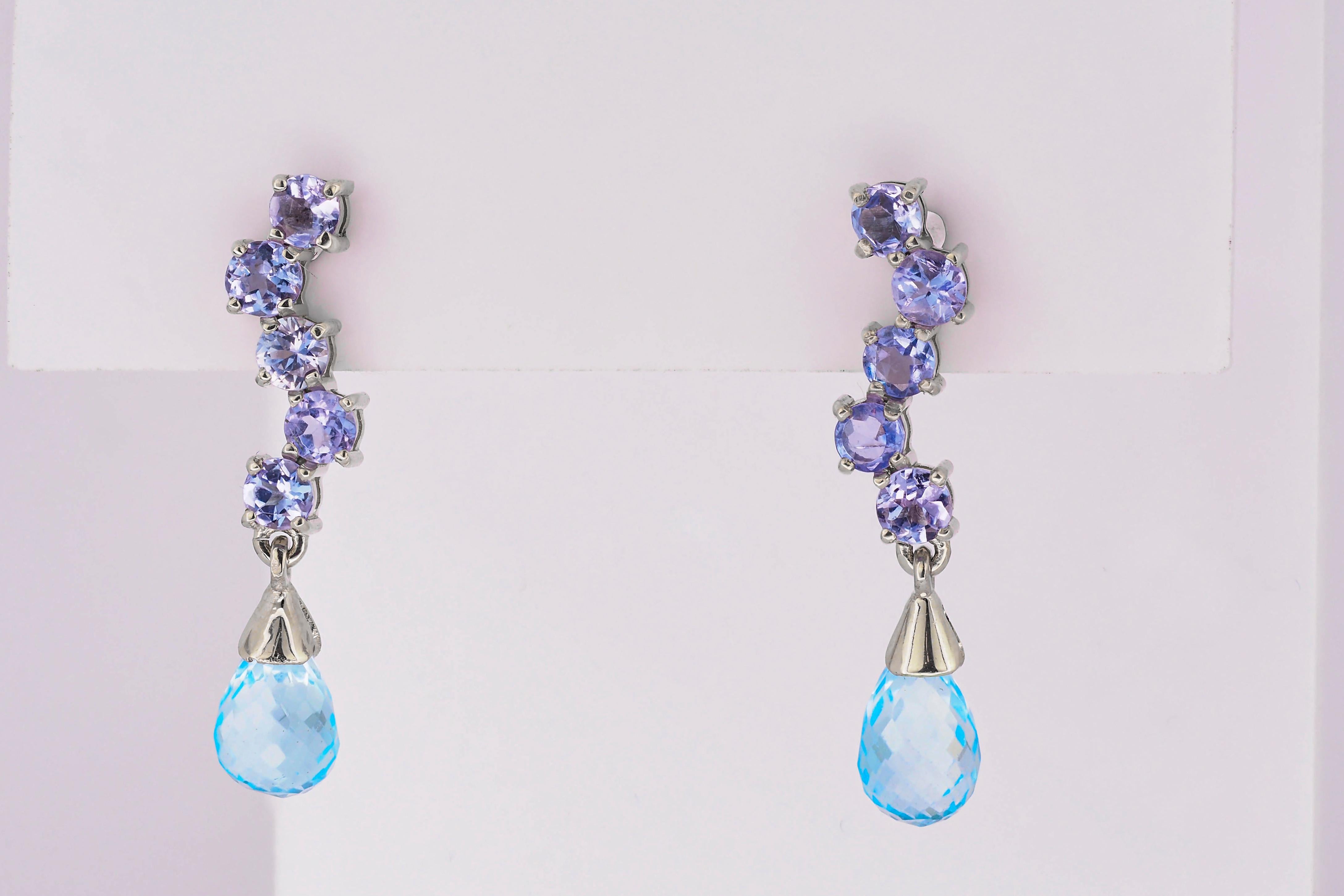 14k Gold Earrings with Topazes and Tanzanites For Sale 1