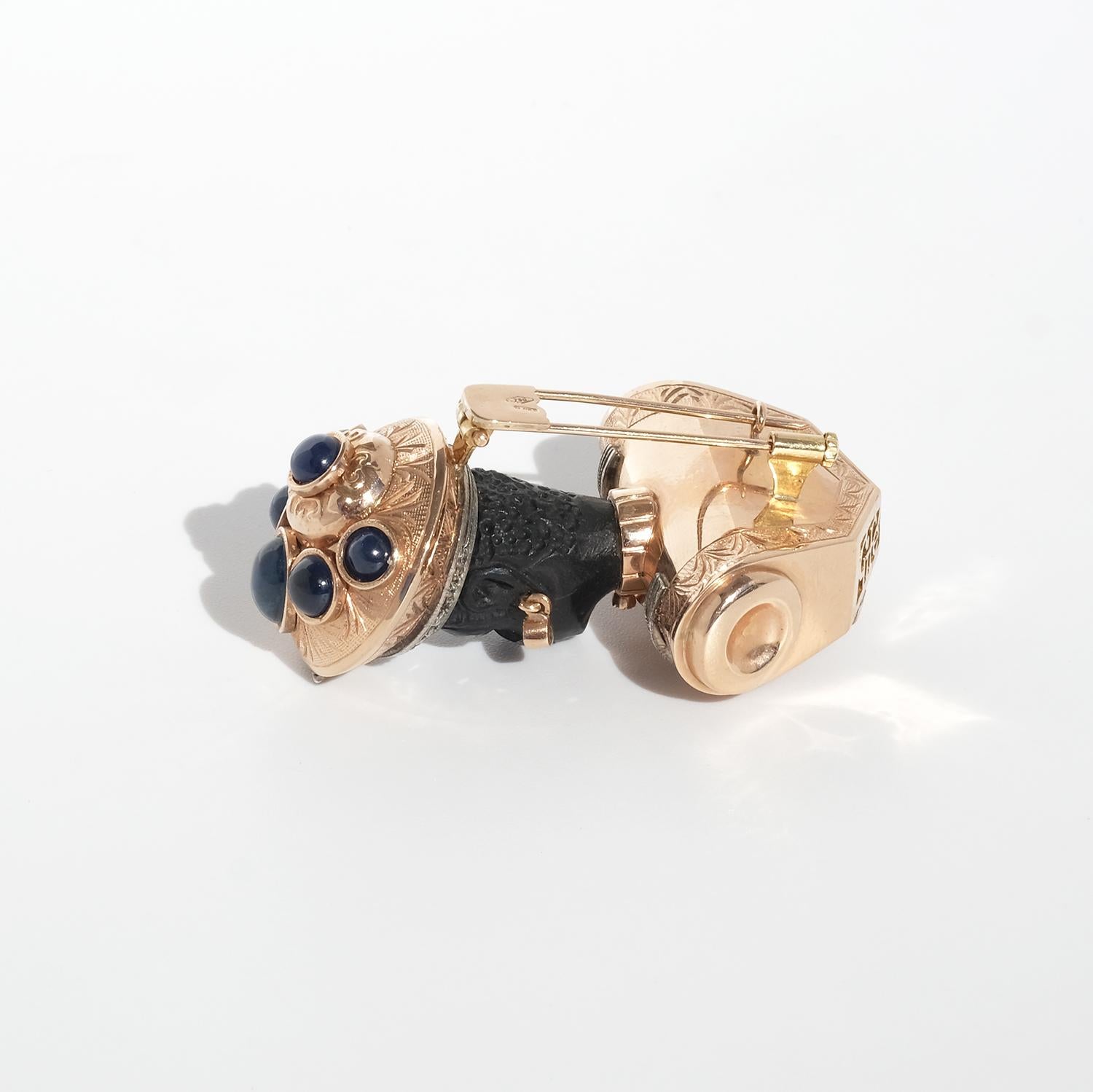 14K Gold, Ebony, Sapphires, Rubies and Diamonds Brooch 5