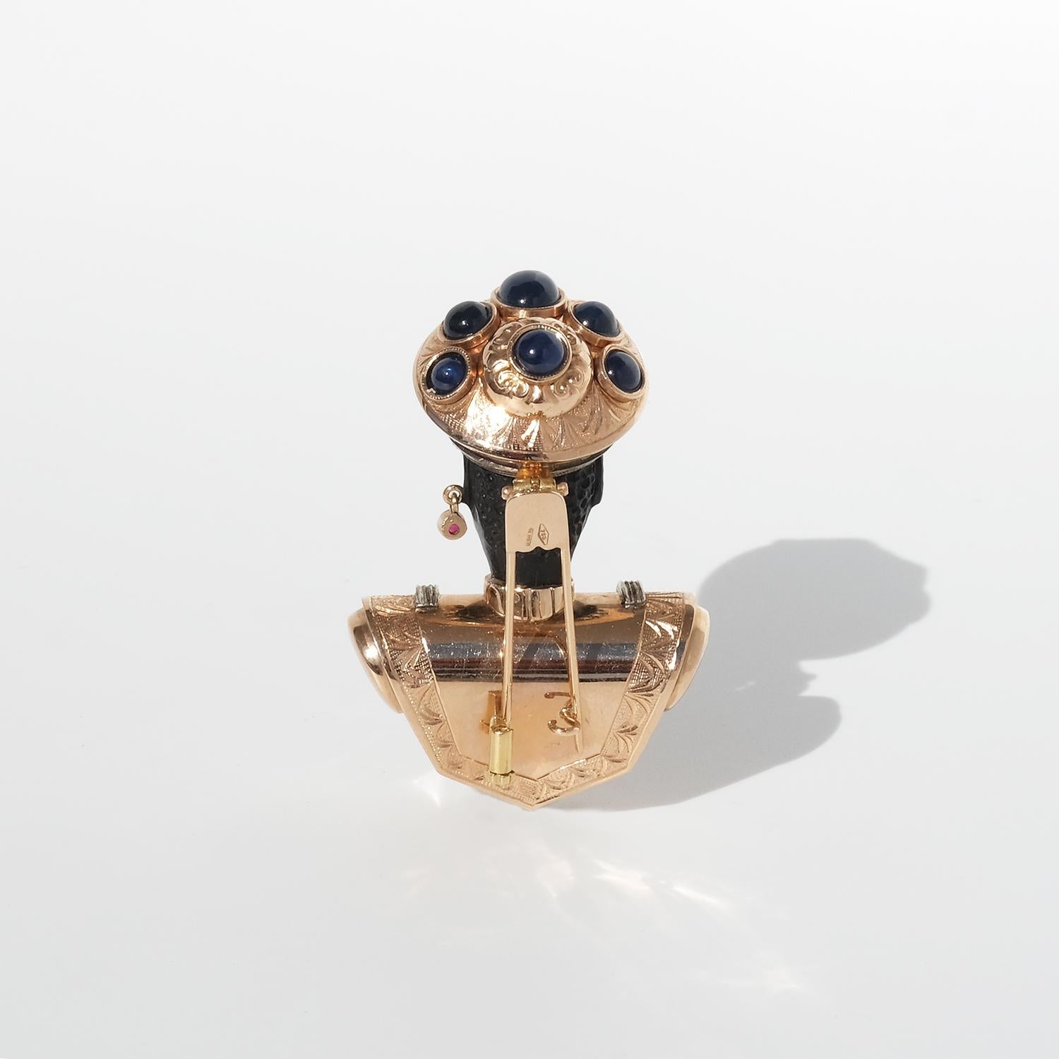 14K Gold, Ebony, Sapphires, Rubies and Diamonds Brooch 6