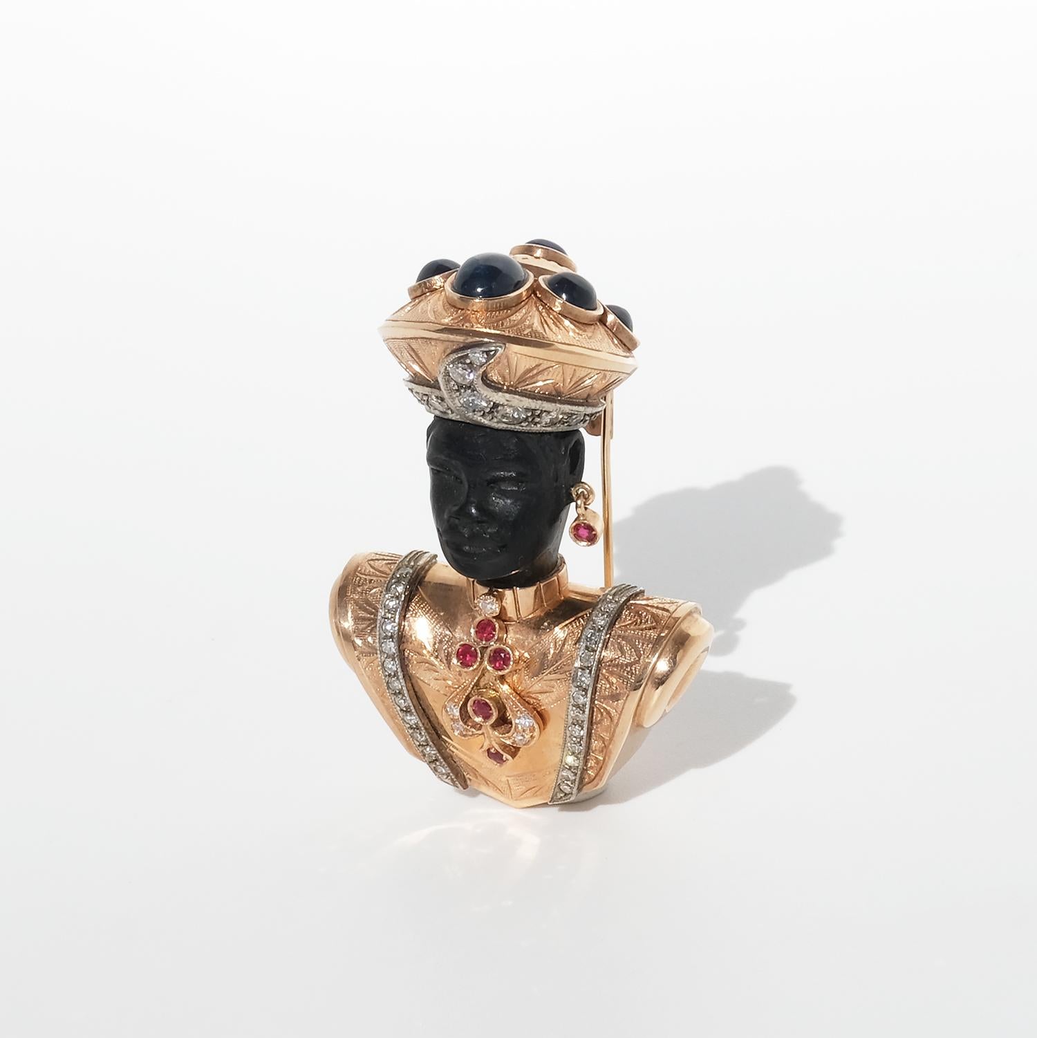Cabochon 14K Gold, Ebony, Sapphires, Rubies and Diamonds Brooch