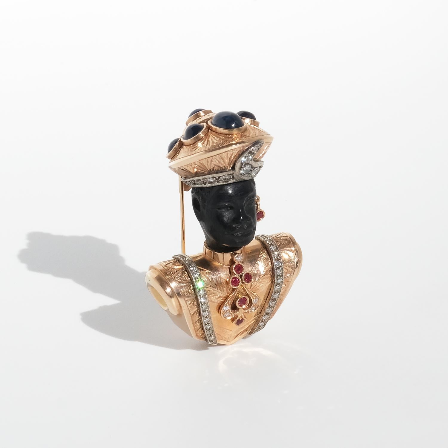 14K Gold, Ebony, Sapphires, Rubies and Diamonds Brooch In Good Condition In Stockholm, SE