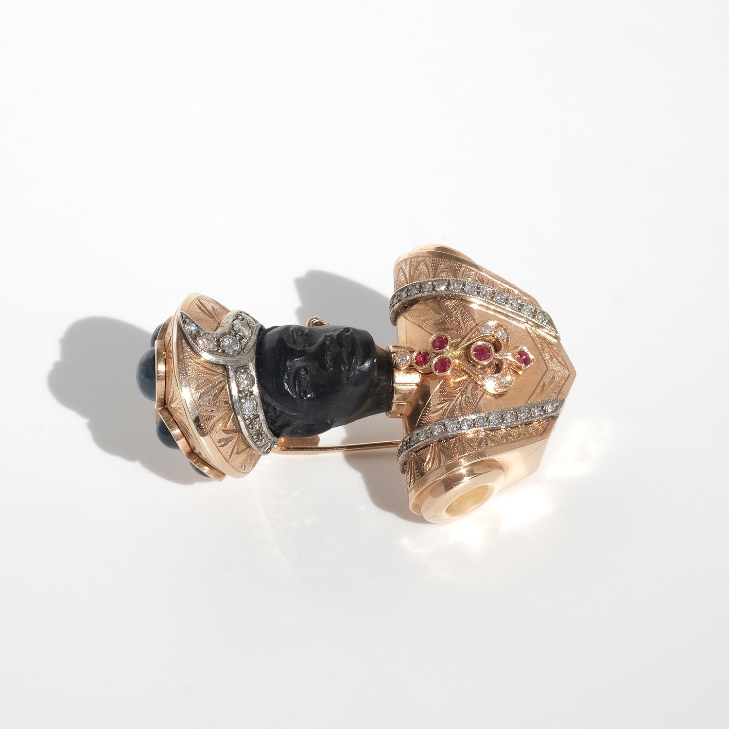Women's or Men's 14K Gold, Ebony, Sapphires, Rubies and Diamonds Brooch