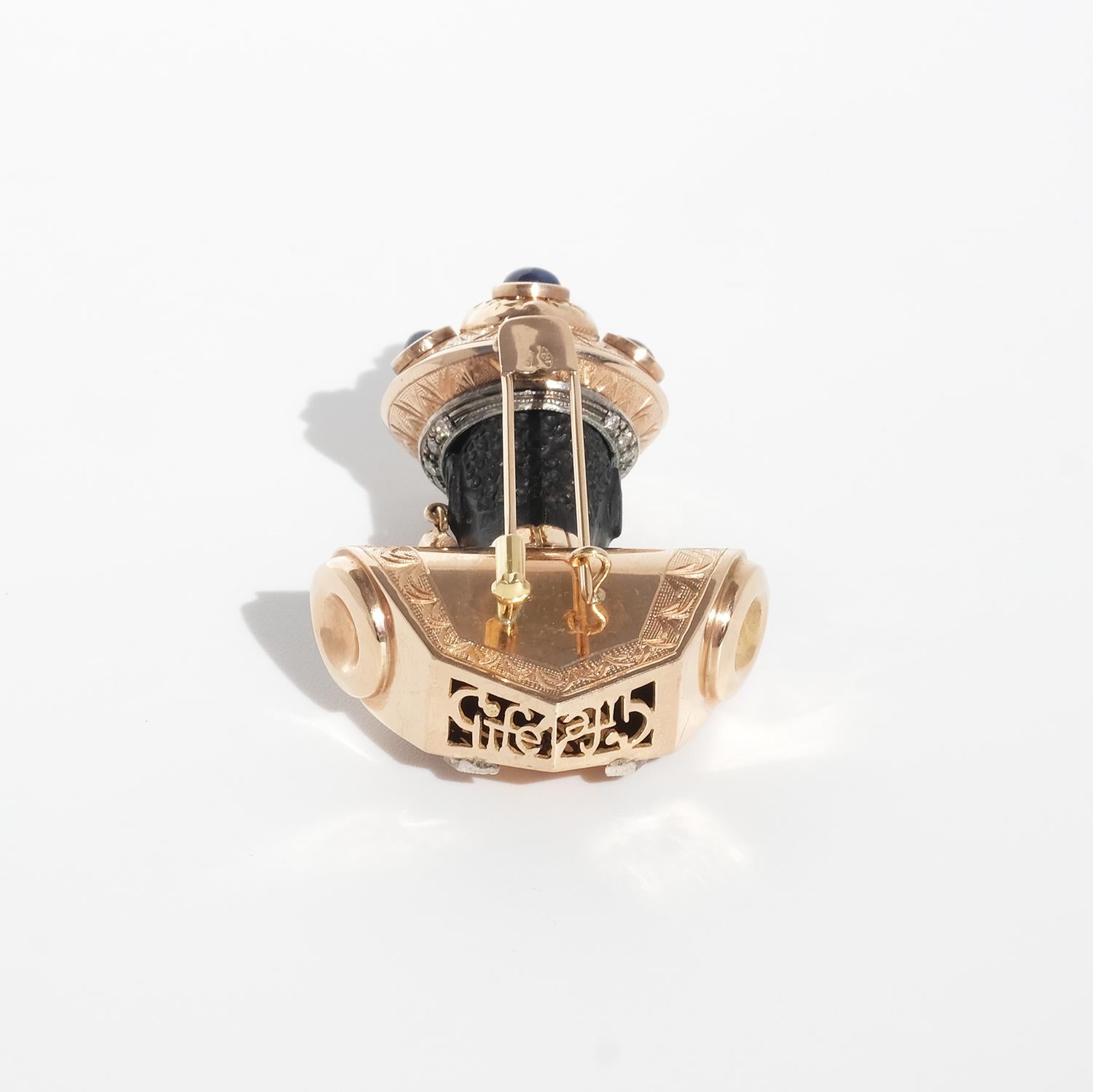 14K Gold, Ebony, Sapphires, Rubies and Diamonds Brooch 1