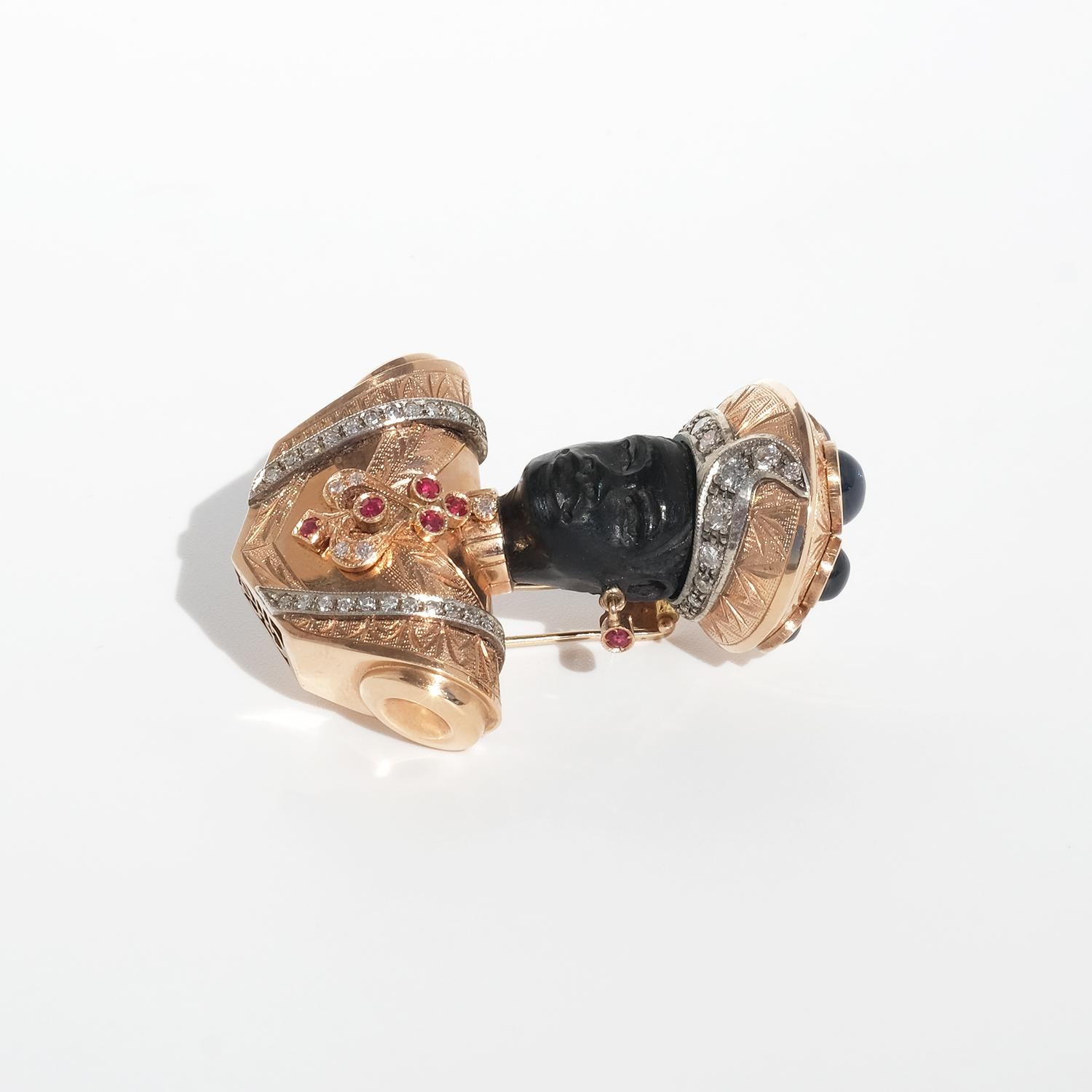 14K Gold, Ebony, Sapphires, Rubies and Diamonds Brooch 2